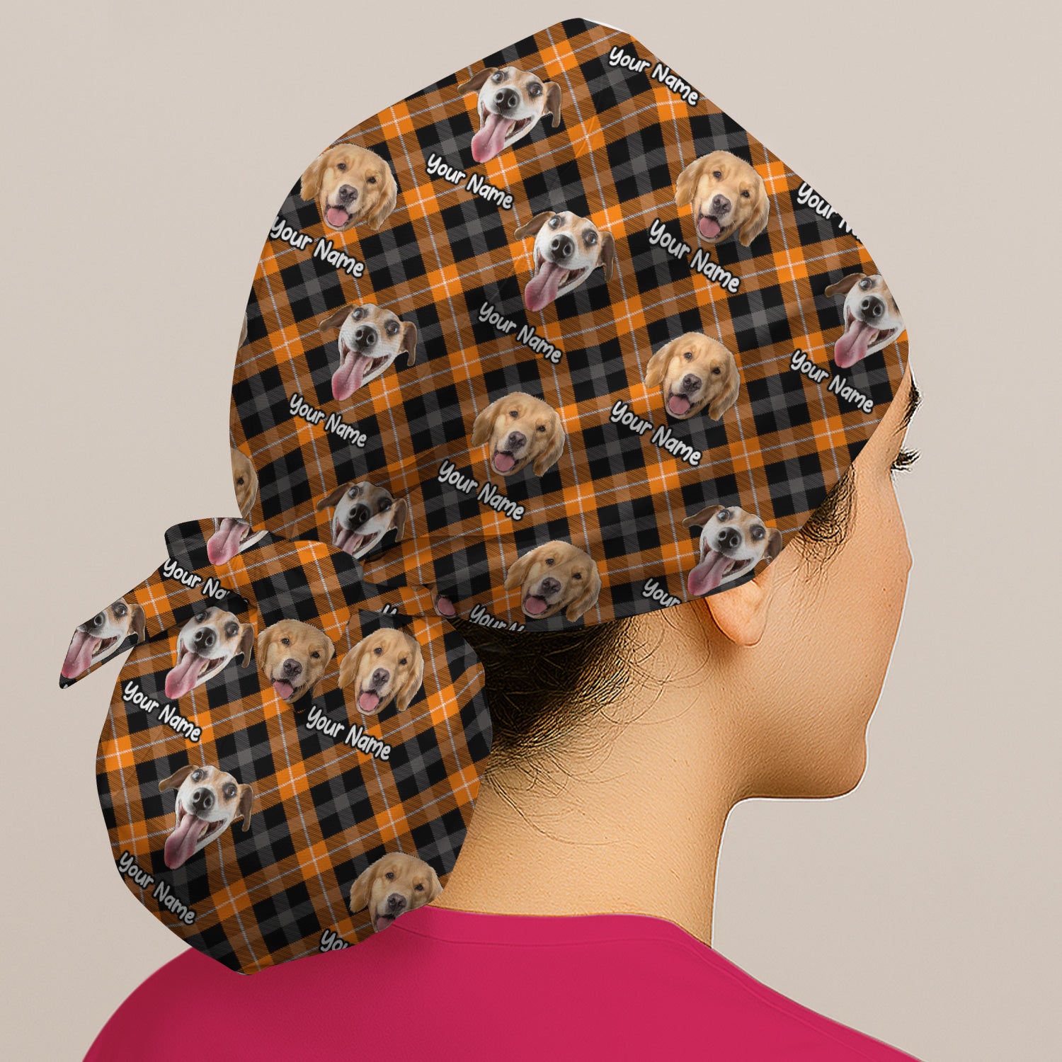 Personalized Halloween Dog Photo Plaid Scrub Cap, Surgical Caps for Doctors