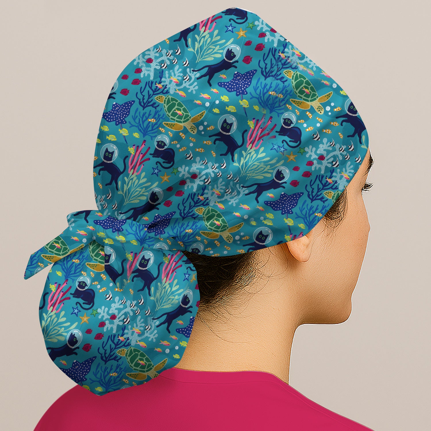 Underwater Cat Turtle Veterinary Pattern Scrub Cap, Surgical Caps for Doctors