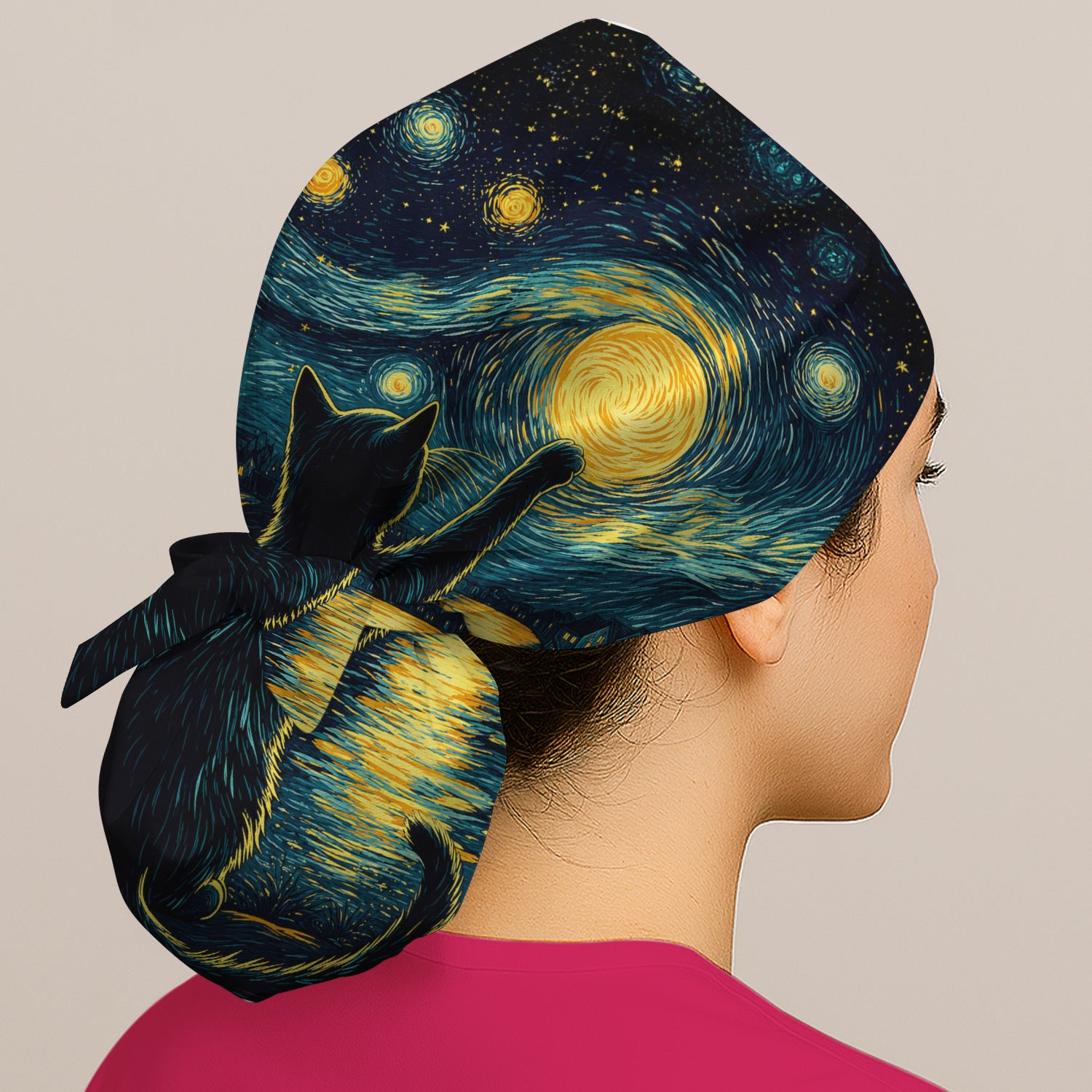 Starry Moonlit Black Cat Scrub Cap, Surgical Caps for Doctors
