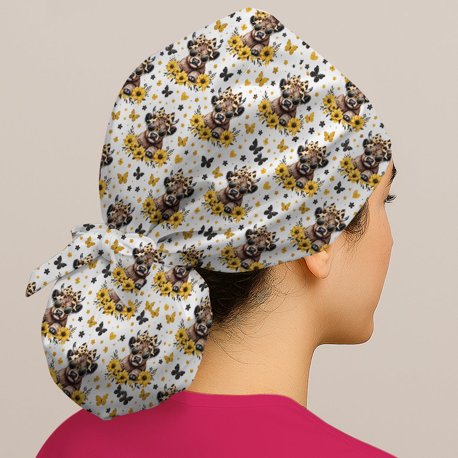 Cow With Sunflower Bow Pattern Scrub Cap, Surgical Caps for Doctors