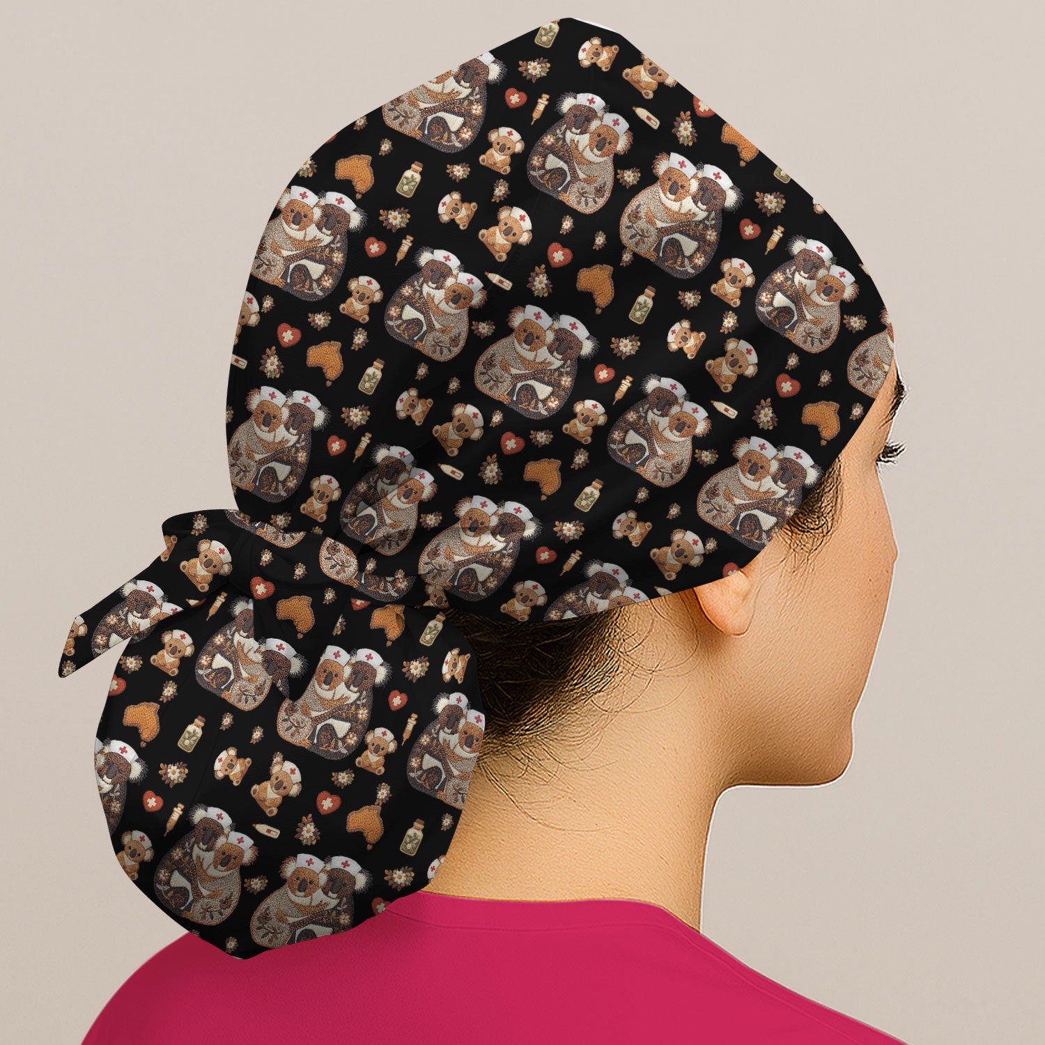 Cute Cartoon Koala Valentine Nurse Design Cap, Bouffant Scrub Caps for Women