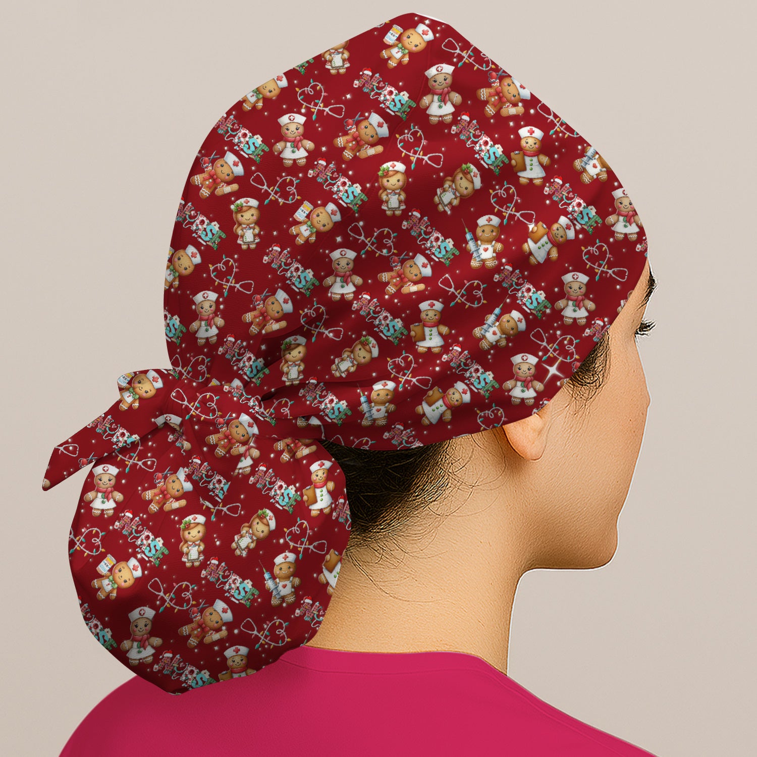 Nurse Scrub Cap with Buttons for Women - Christmas Surgical Hats Cute Gingerbread Design - Medical Bouffant Cap Long Hair