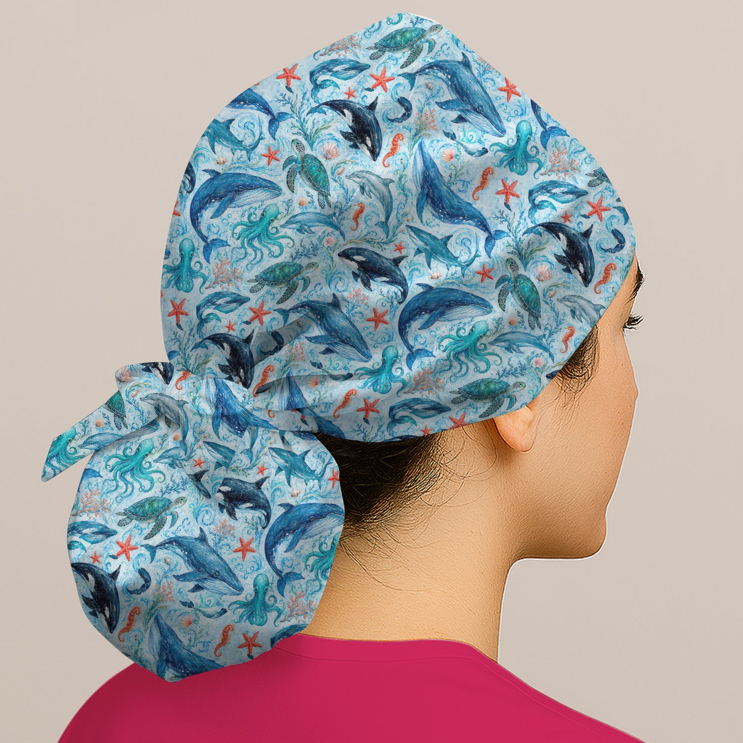 Watercolor Ocean Wildlife Scene Pattern Scrub Cap, Surgical Caps for Doctors