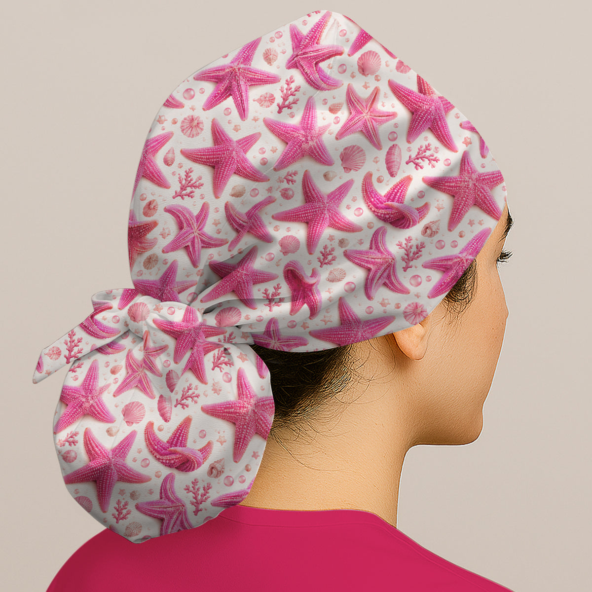 Pink Starfish And Seashell Pattern Scrub Cap, Surgical Caps for Doctors