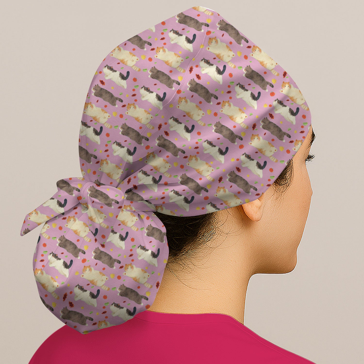 Chubby Cat Autumn Leaves Print Surgical Cap, Breathable Fabrics Caps Uniform
