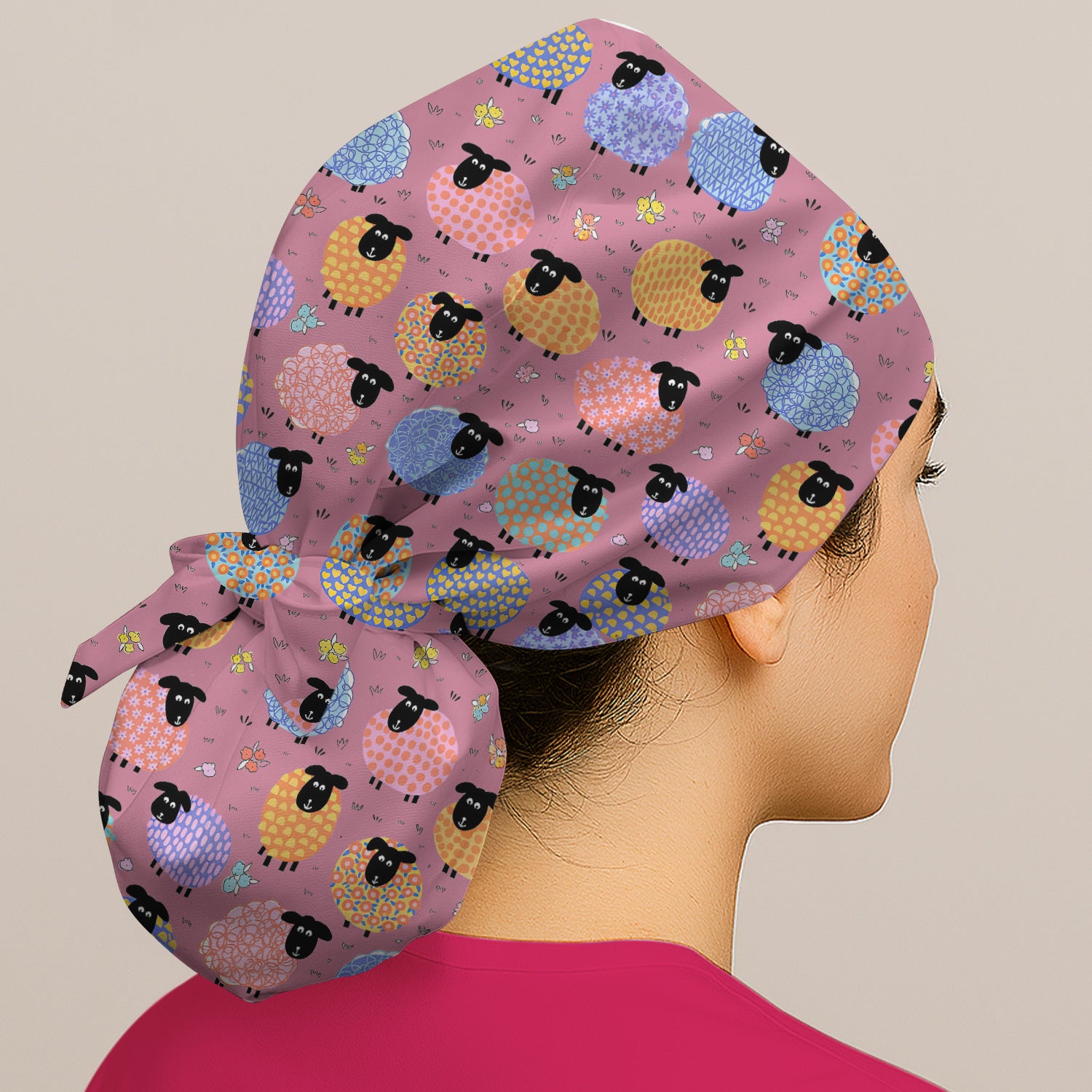 Funny Colorful Sheep Pattern Cap, Bouffant Scrub Caps for Women