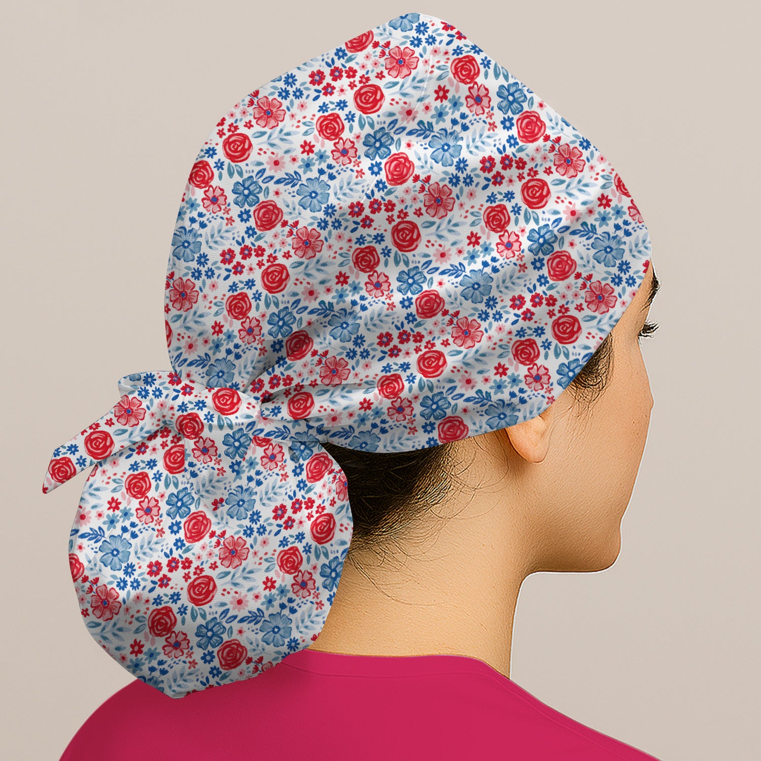 Red Blue Floral Garden Blossom Pattern Scrub Cap, Surgical Caps for Doctors