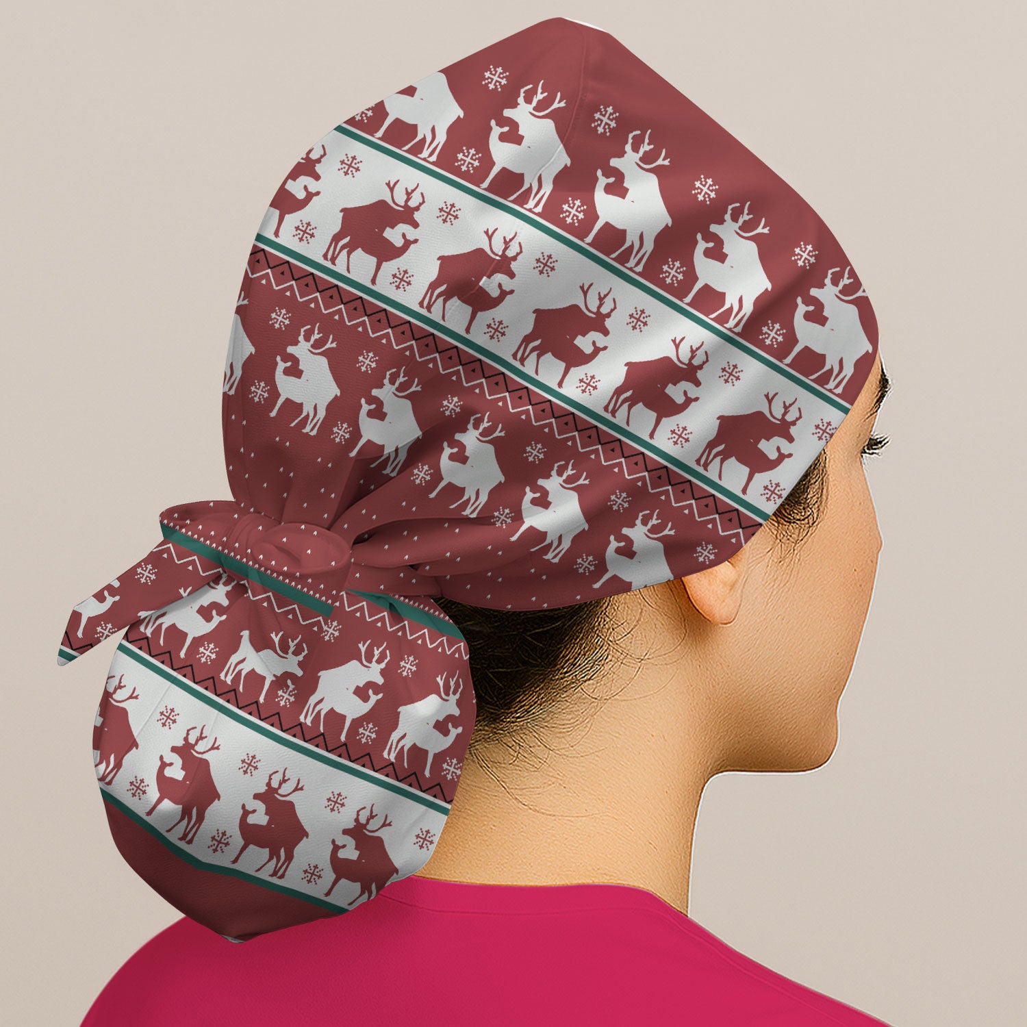 Reindeer Christmas Bouffant Scrub Cap for Women – Festive Cap for Nurses, Holiday Medical Gift