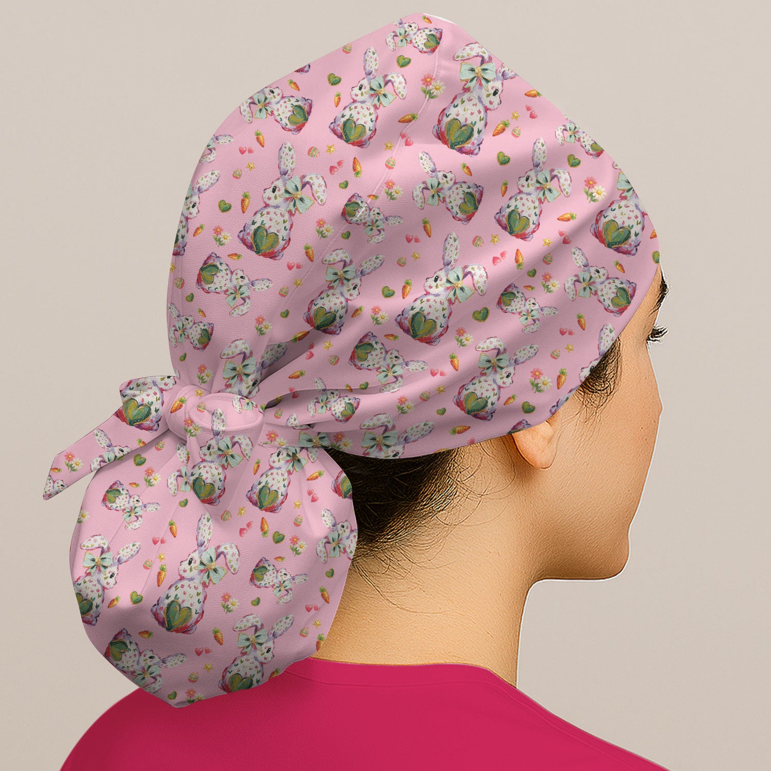 Cute Pastel Bunny Easter Pattern Cap, Bouffant Scrub Caps for Women