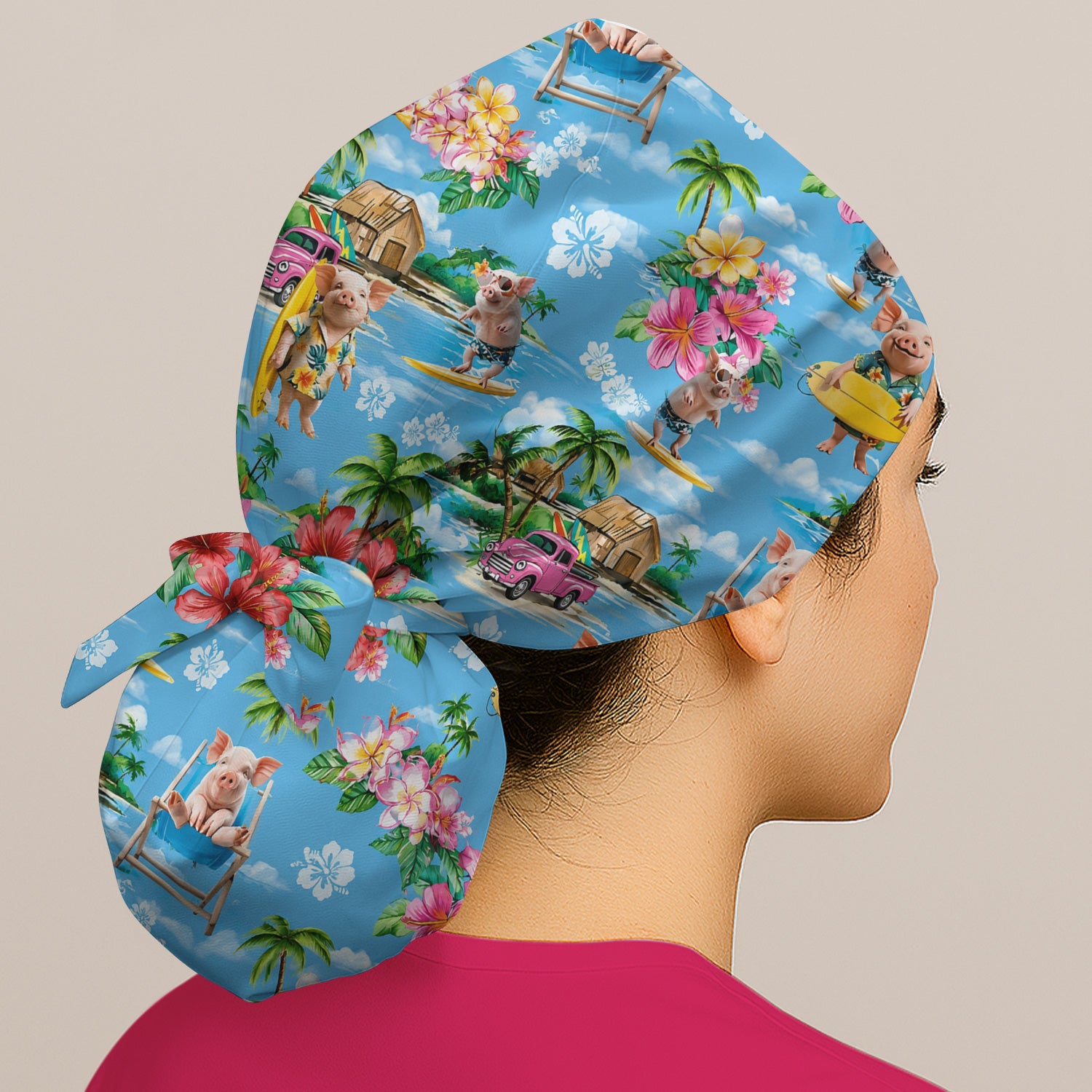 Tropical Surfing Pig Beach Pattern Scrub Cap, Surgical Caps for Doctors