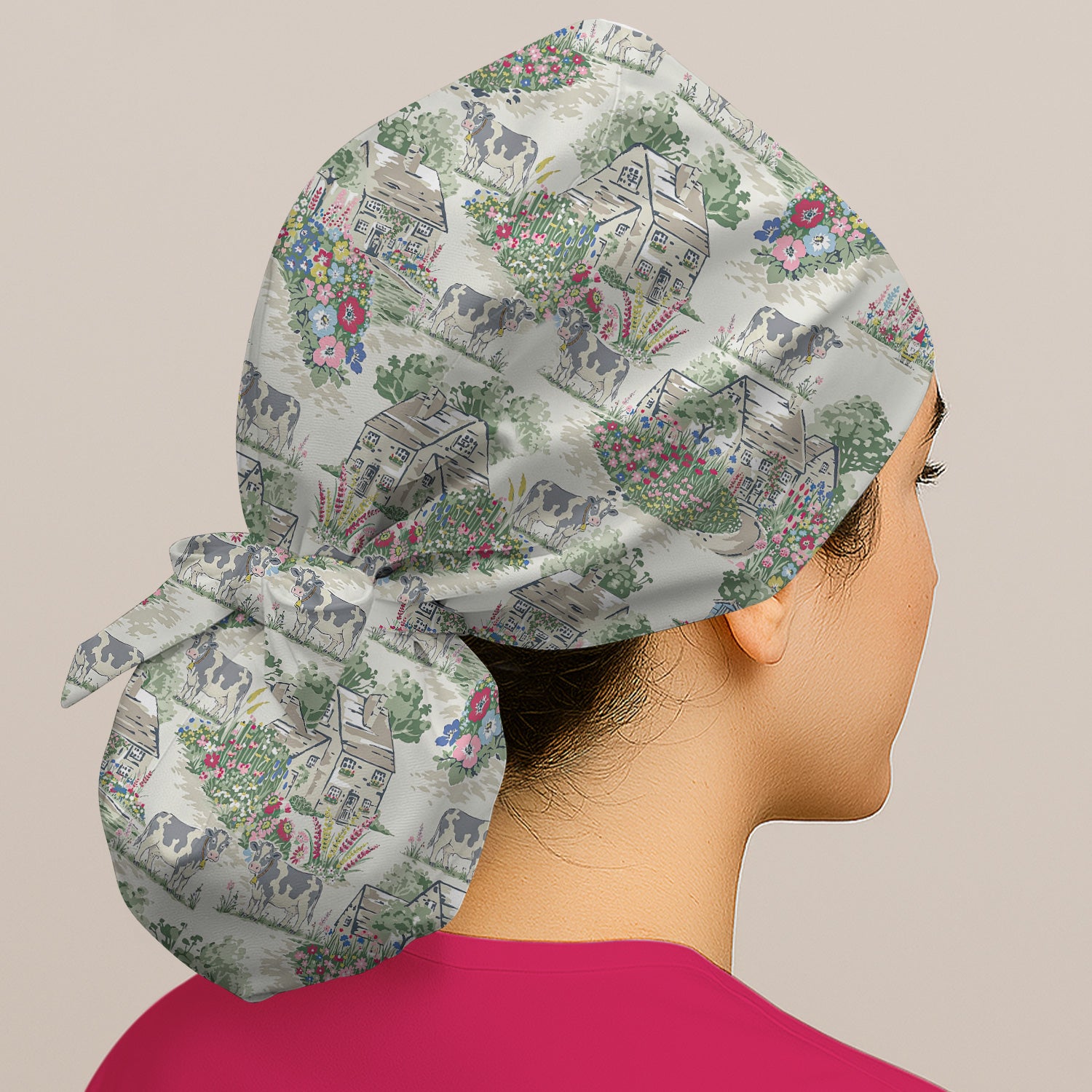Charming Countryside Cows Cottage Garden Pattern Scrub Cap, Surgical Caps for Doctors