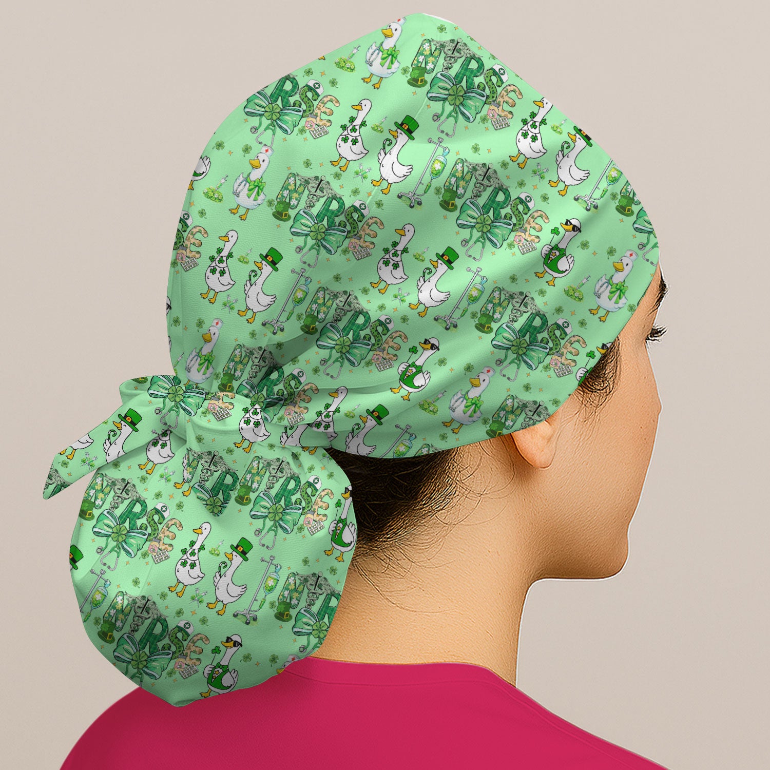 Funny Goose Nurse Shamrock Scrub Cap, St. Patrick’s Day Nurse Pattern Hat, Breathable Fabrics Nursing Uniform