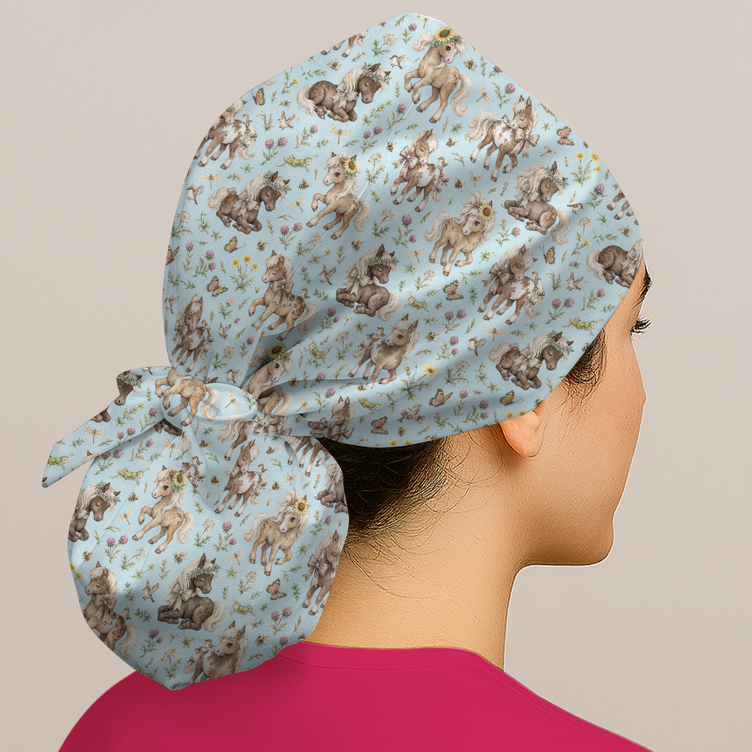 Cute Pony Garden with Butterfly Floral Meadow Print Scrub Cap, Surgical Caps for Doctors