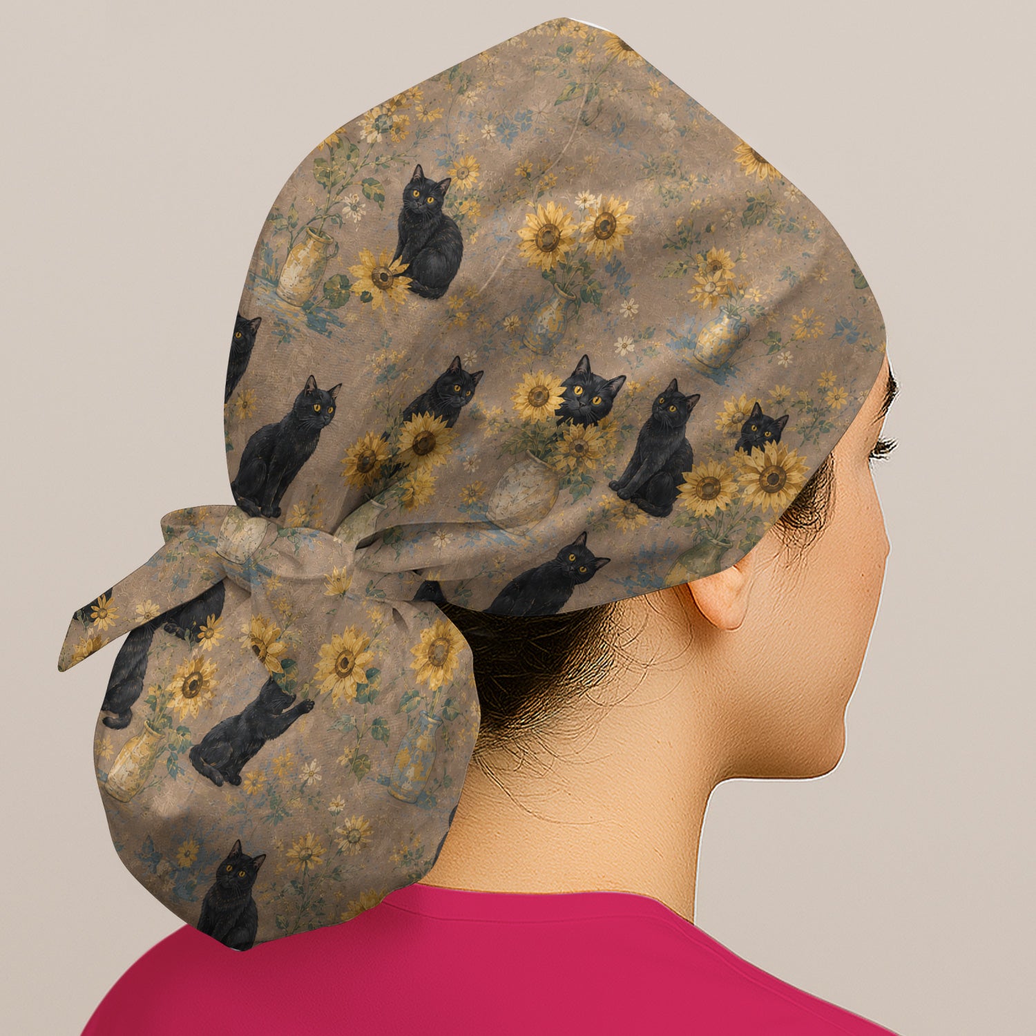 Rustic Sunflower Black Cat Print Scrub Cap, Surgical Caps for Doctors