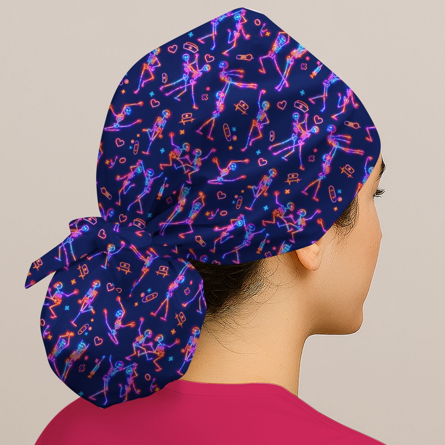 Neon Dancing Skeleton Medical Pattern Cap, Bouffant Scrub Caps for Women
