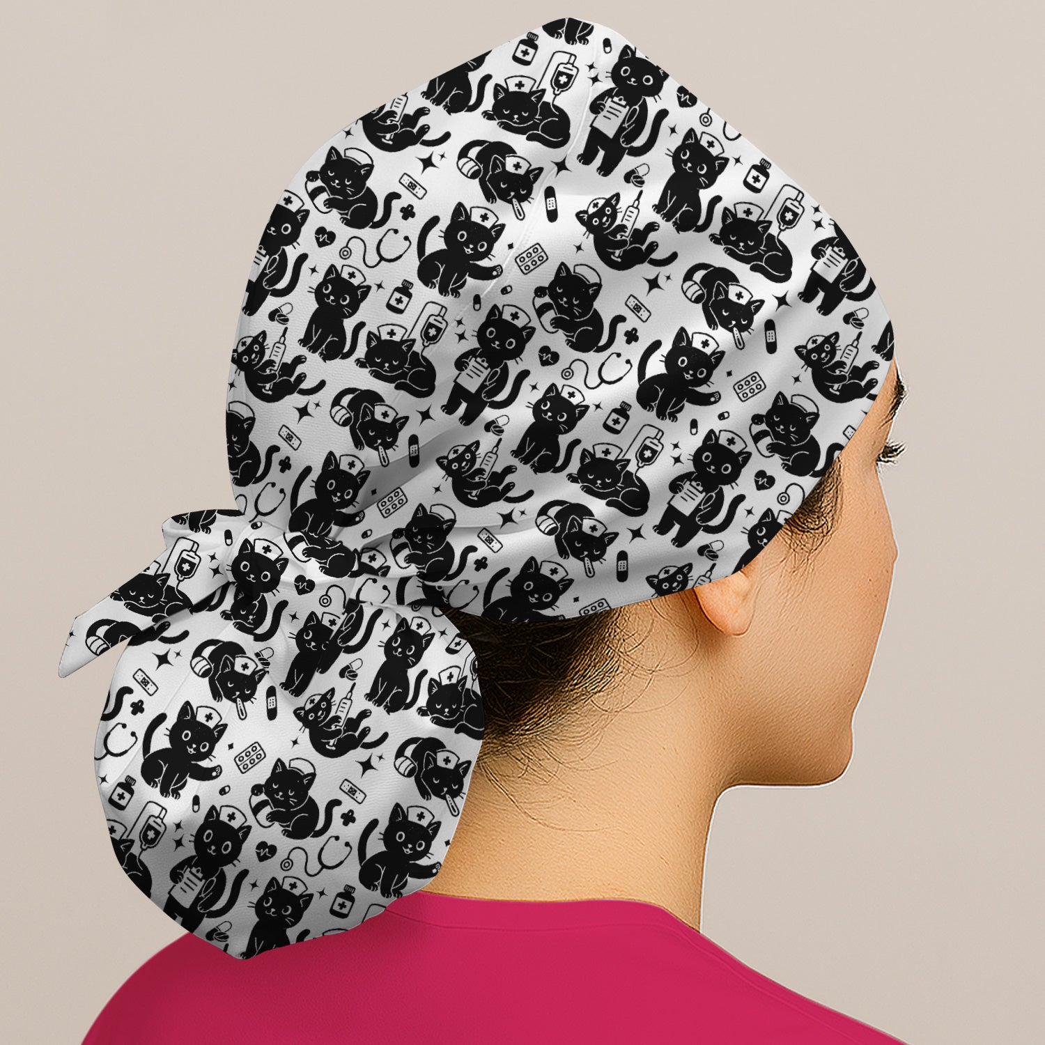Cute Black Cat Nurse Pattern Scrub Cap, Surgical Caps for Doctors