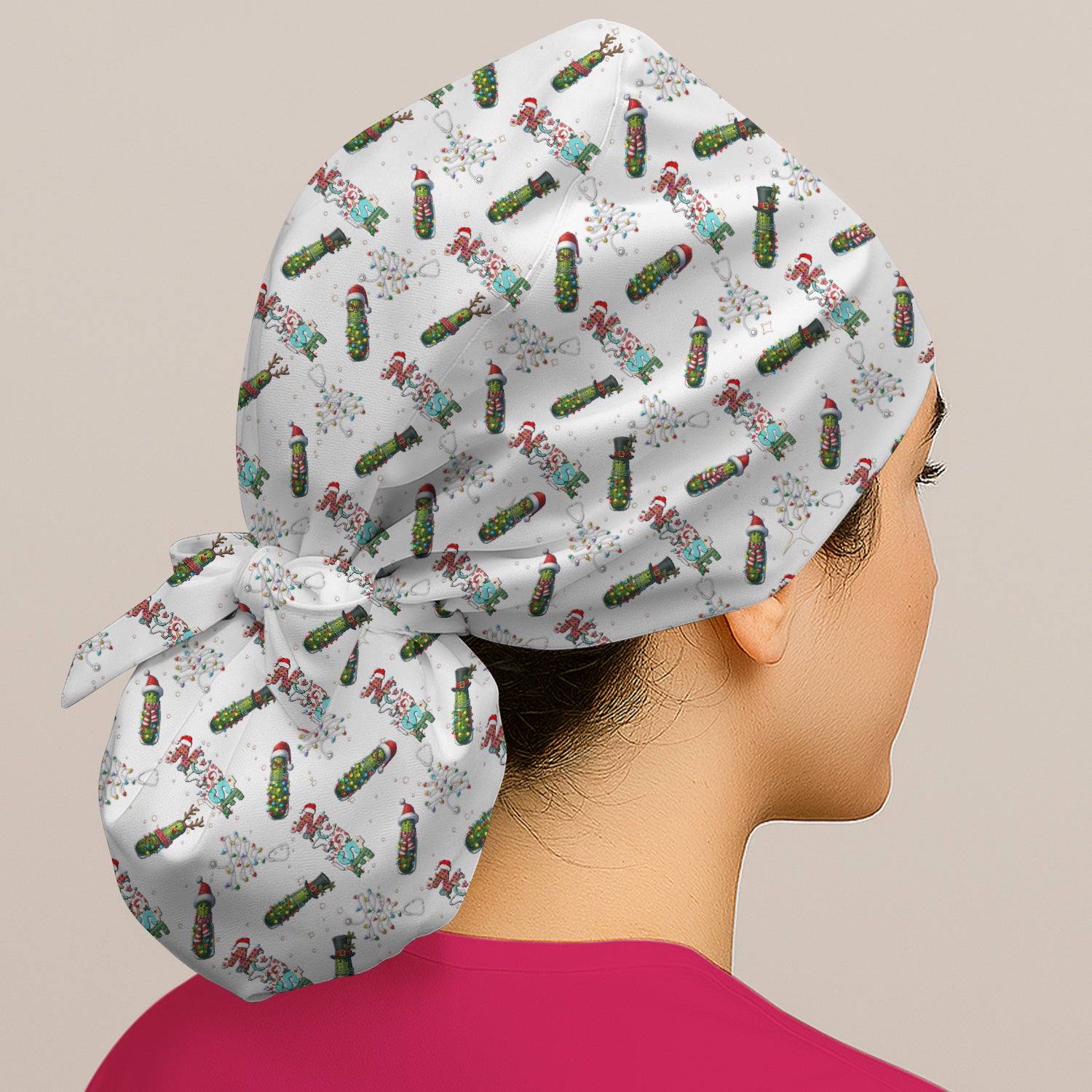 Christmas Nurse Scrub Cap with Buttons - Funny Pickle Holiday Surgical Hat for Women - Medical Bouffant Cap Long Hair