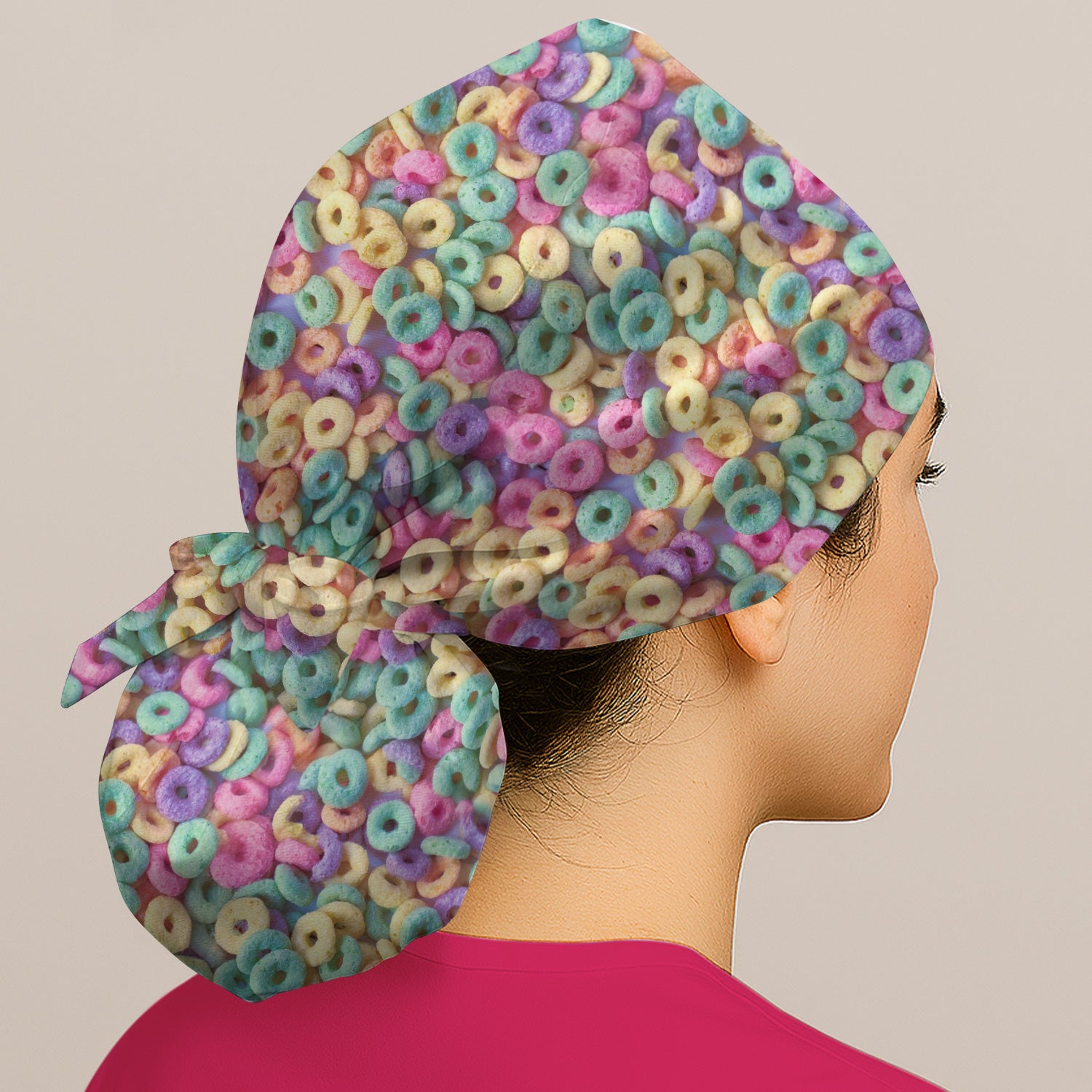Colorful Cereal Loops Pattern Print Cap, Bouffant Scrub Caps for Women