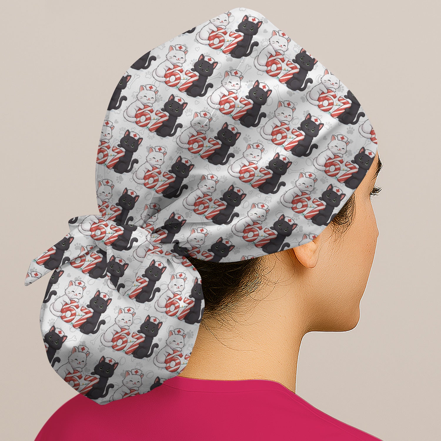 Xmas Cat Pattern Scrub Cap, Christmas Nurse Six Seven With Cat Scrub Hat, Breathable Fabrics Nursing Uniform