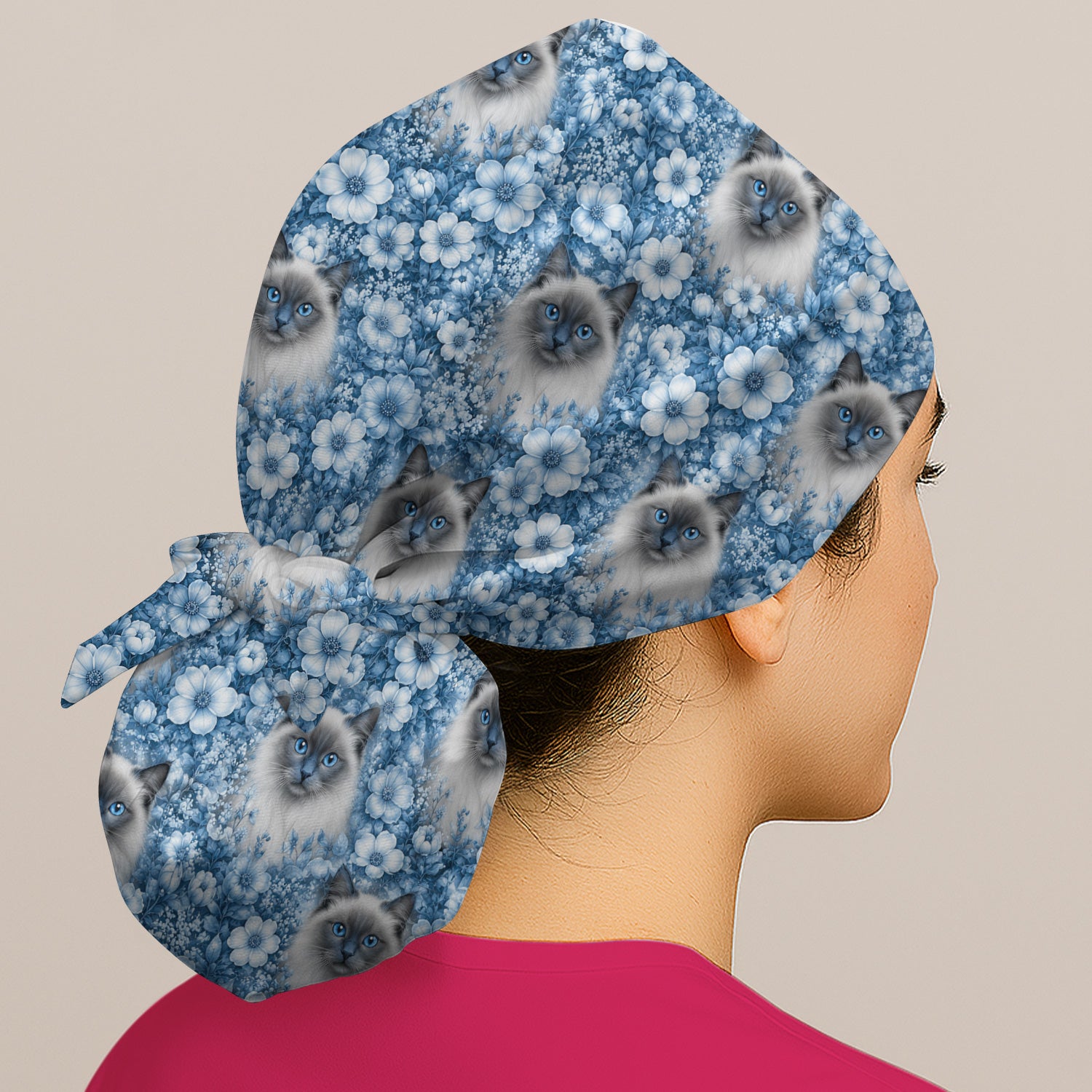 Blue Floral Ragdoll Cat Pattern Scrub Cap, Surgical Caps for Doctors