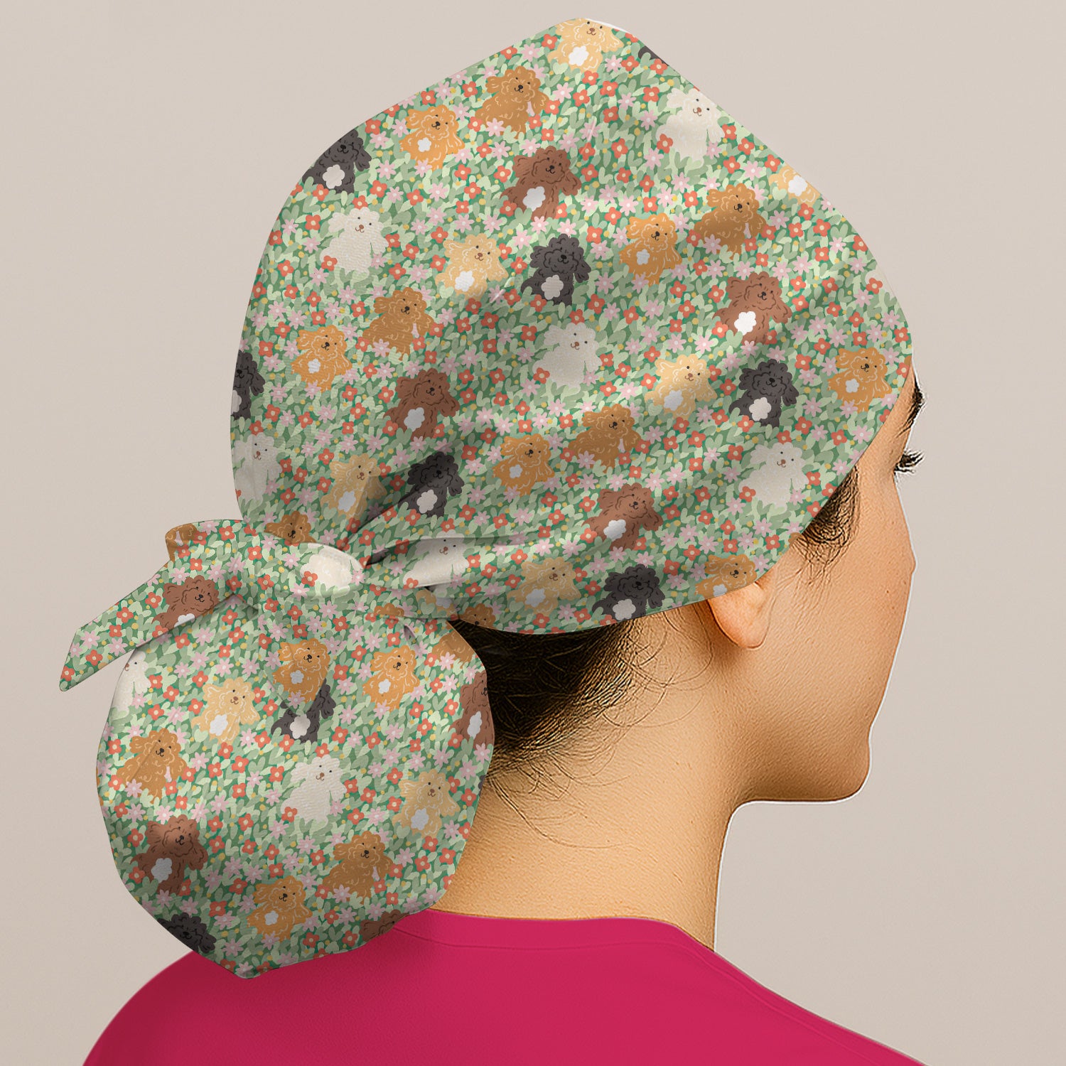 Cute Poodle Dogs Floral Pattern Caps, Bouffant Scrub Caps for Women