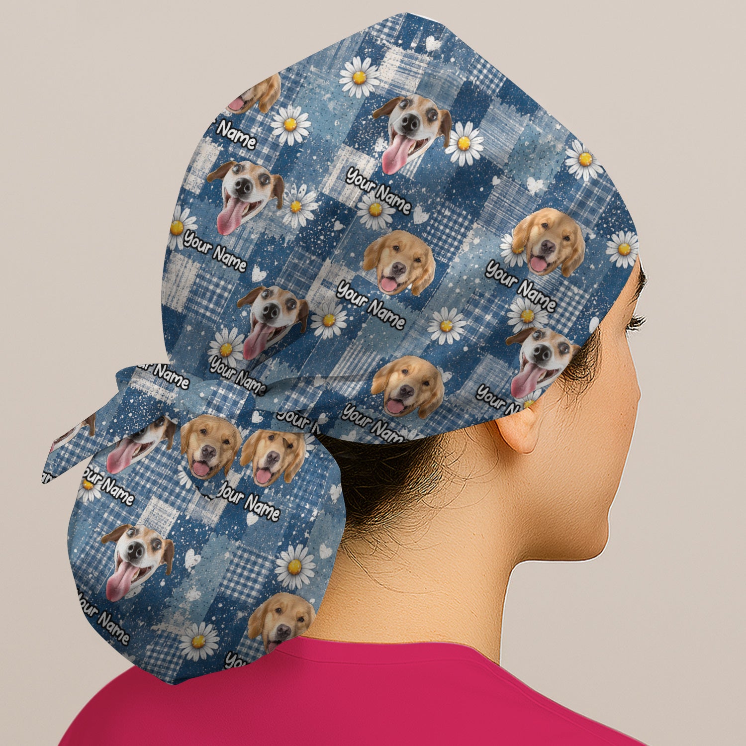 Personalized Cute Dog Portrait On Blue Patchwork Daisy Pattern Scrub Cap, Surgical Caps for Doctors