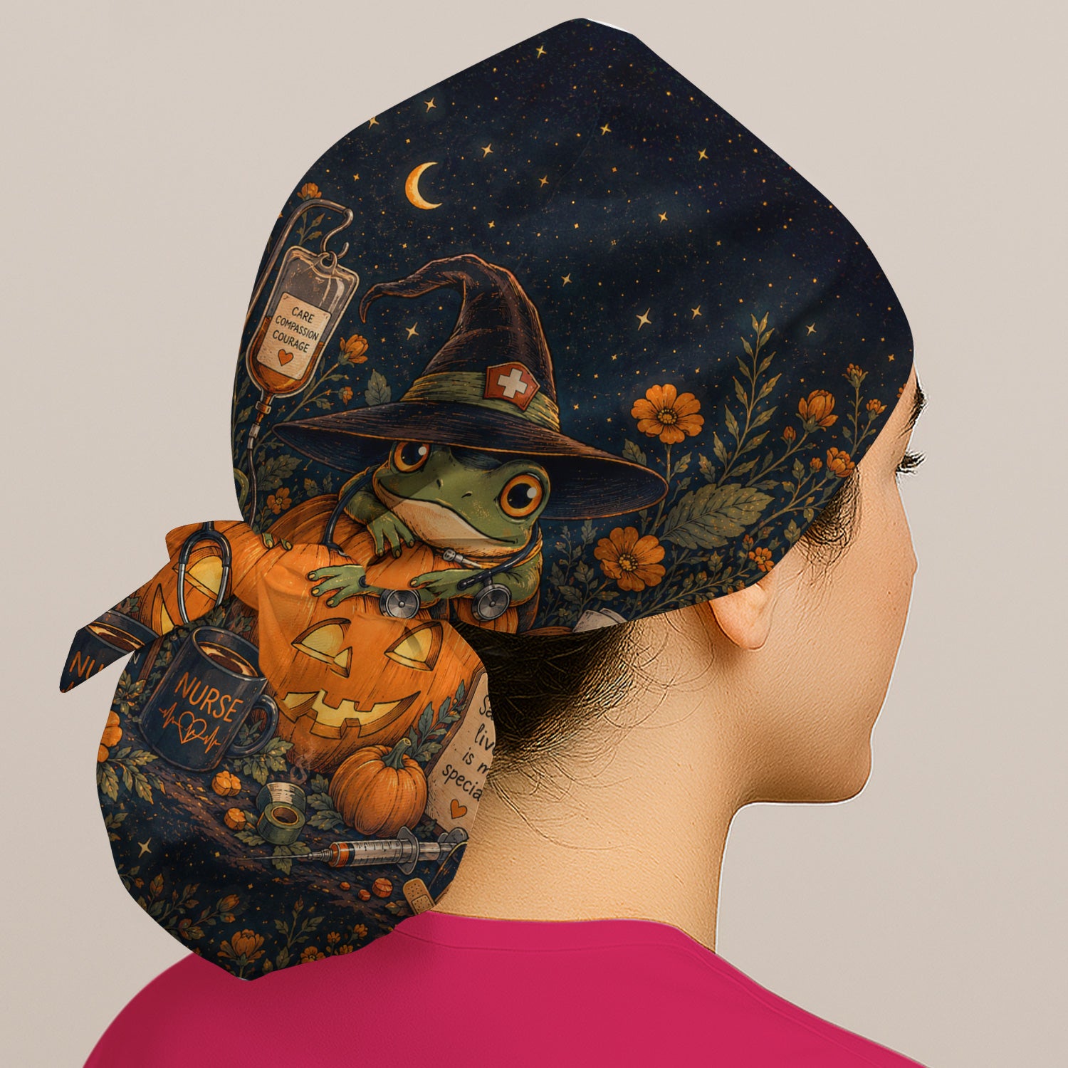 Halloween Witch Frog Pumpkin Scrub Cap, Surgical Caps for Doctors
