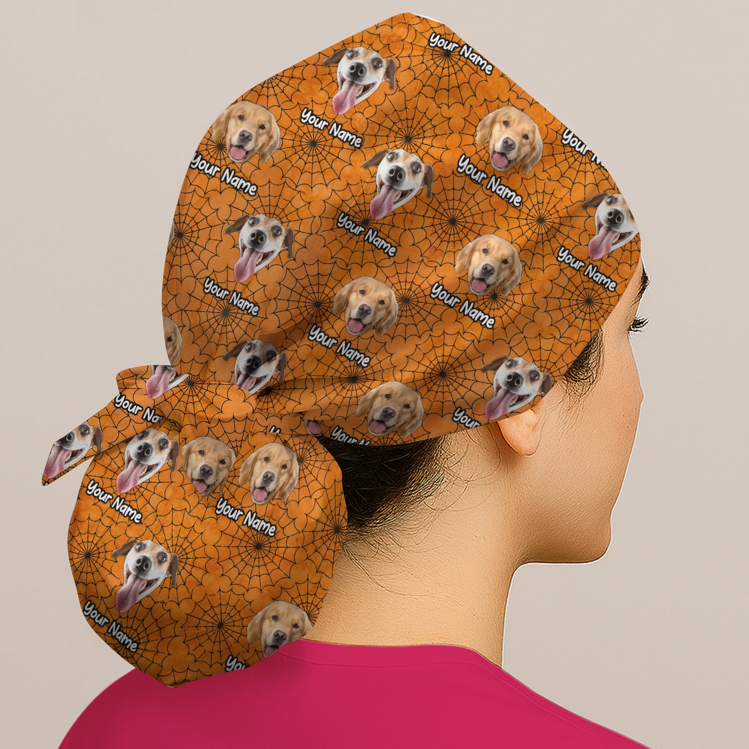 Personalized Halloween Dog Photo Spiderweb Scrub Cap, Surgical Caps for Doctors