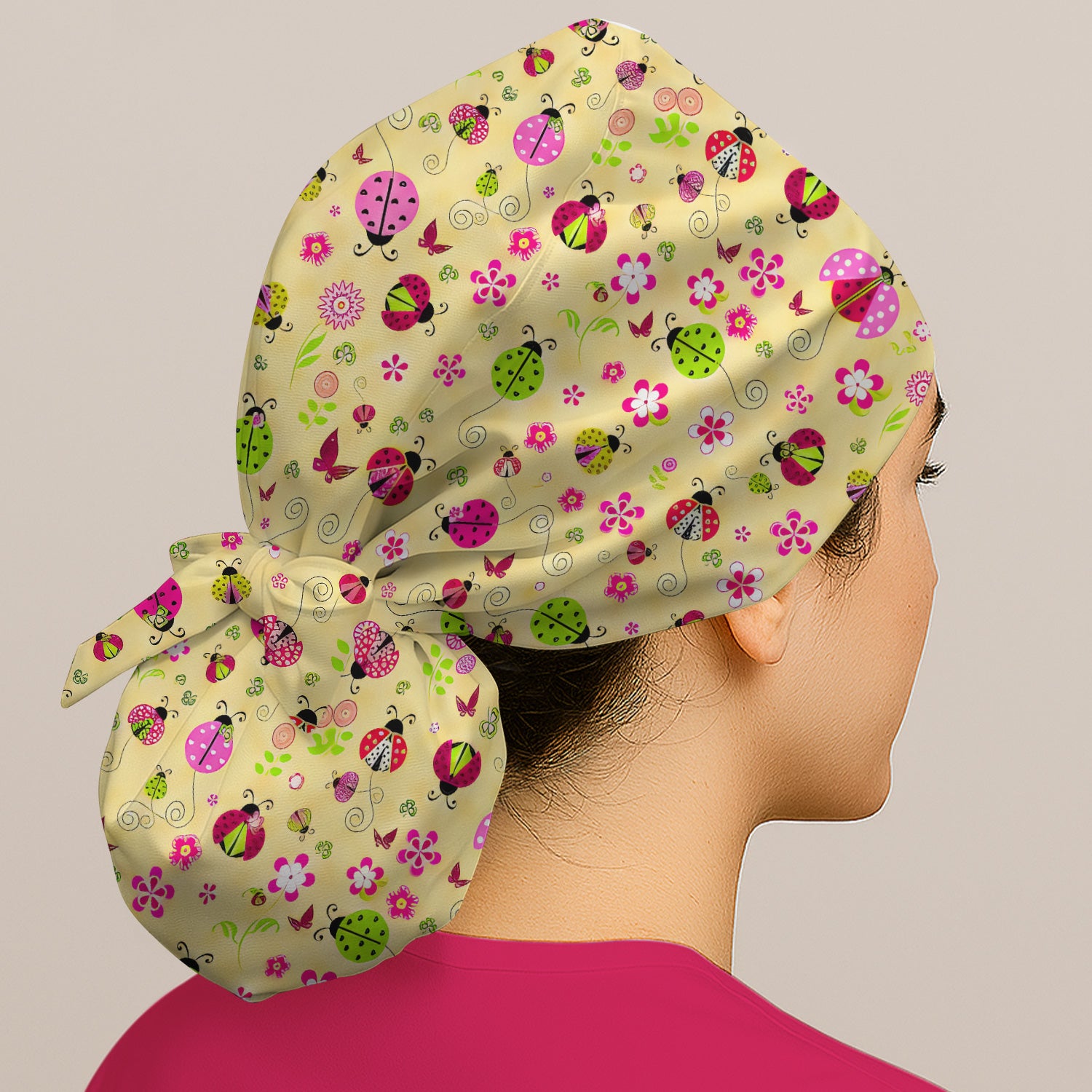 Yellow Ladybug Floral Garden Pattern Scrub Cap, Surgical Caps for Doctors