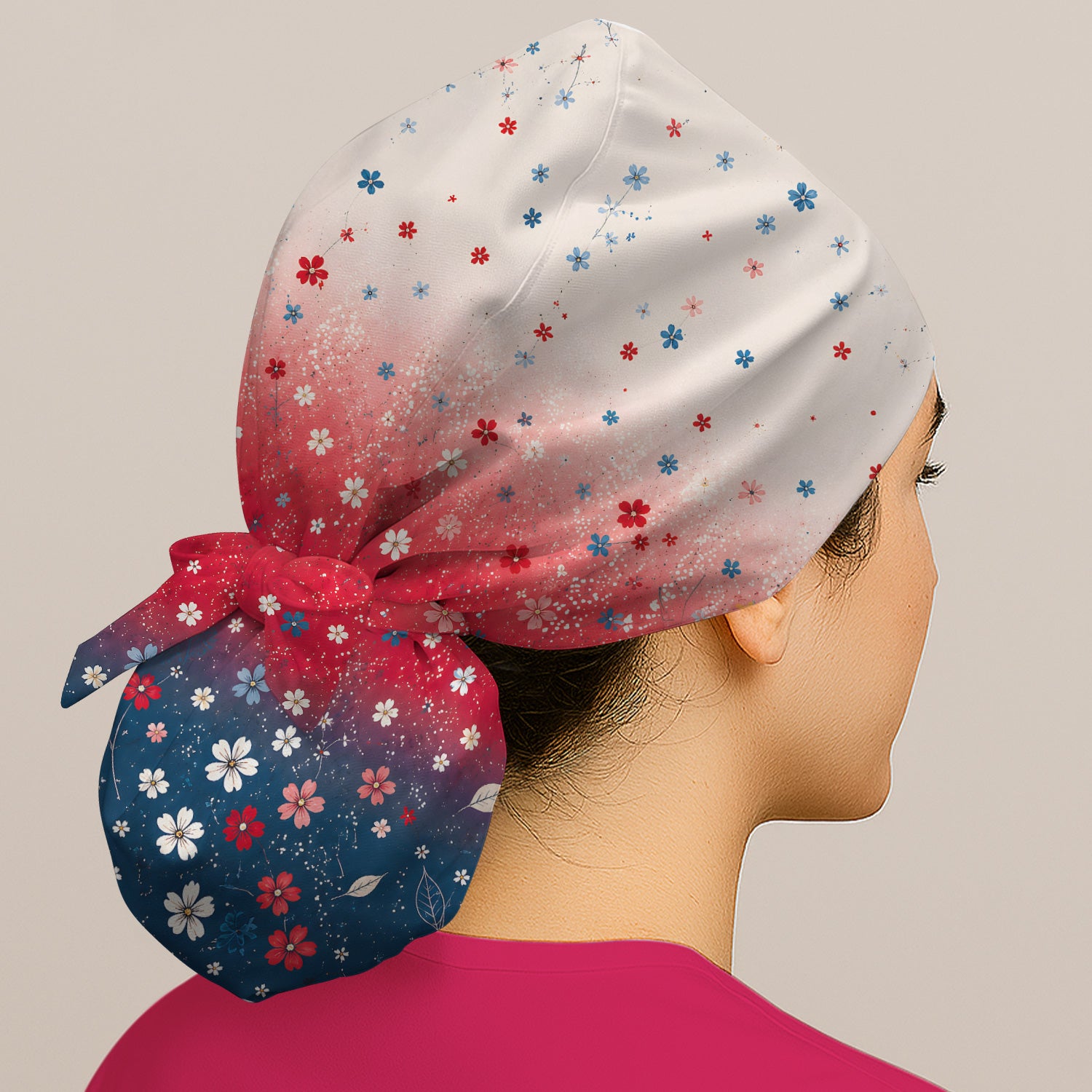 Patriotic Red White Blue Floral Ombre Print Scrub Cap, Surgical Caps for Doctors