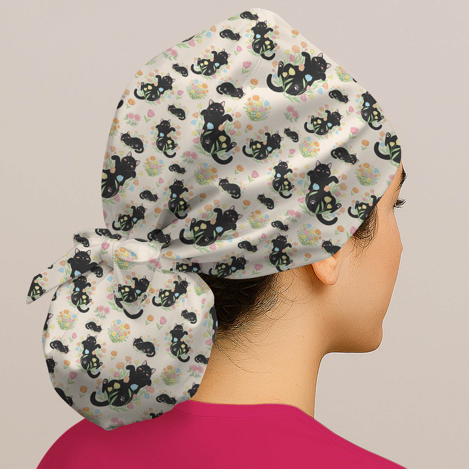 Cats With Cute Poses Floral Pattern Caps, Bouffant Scrub Caps for Women