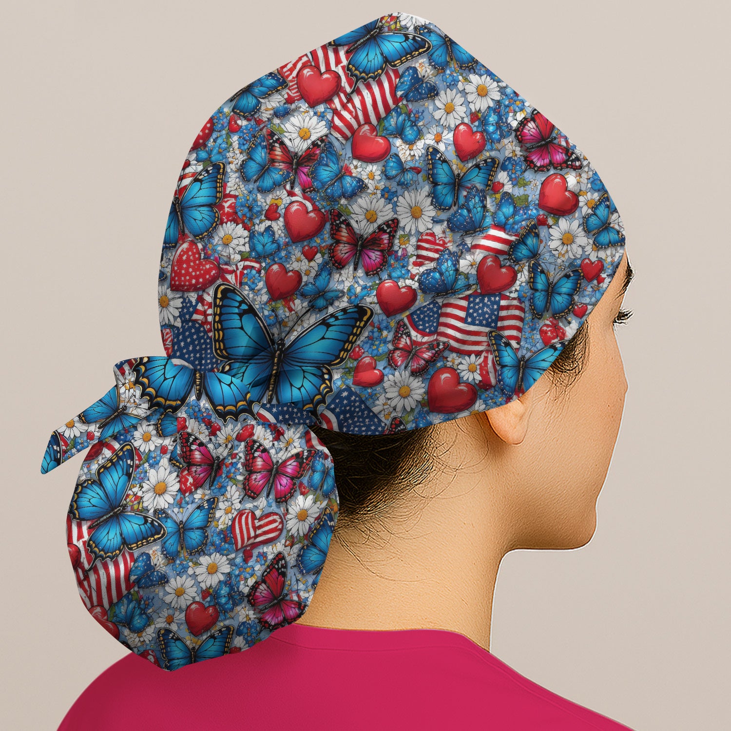 Festive Patriotic Butterfly Heart Floral Pattern Nurse Scrub Cap, Surgical Caps for Doctors