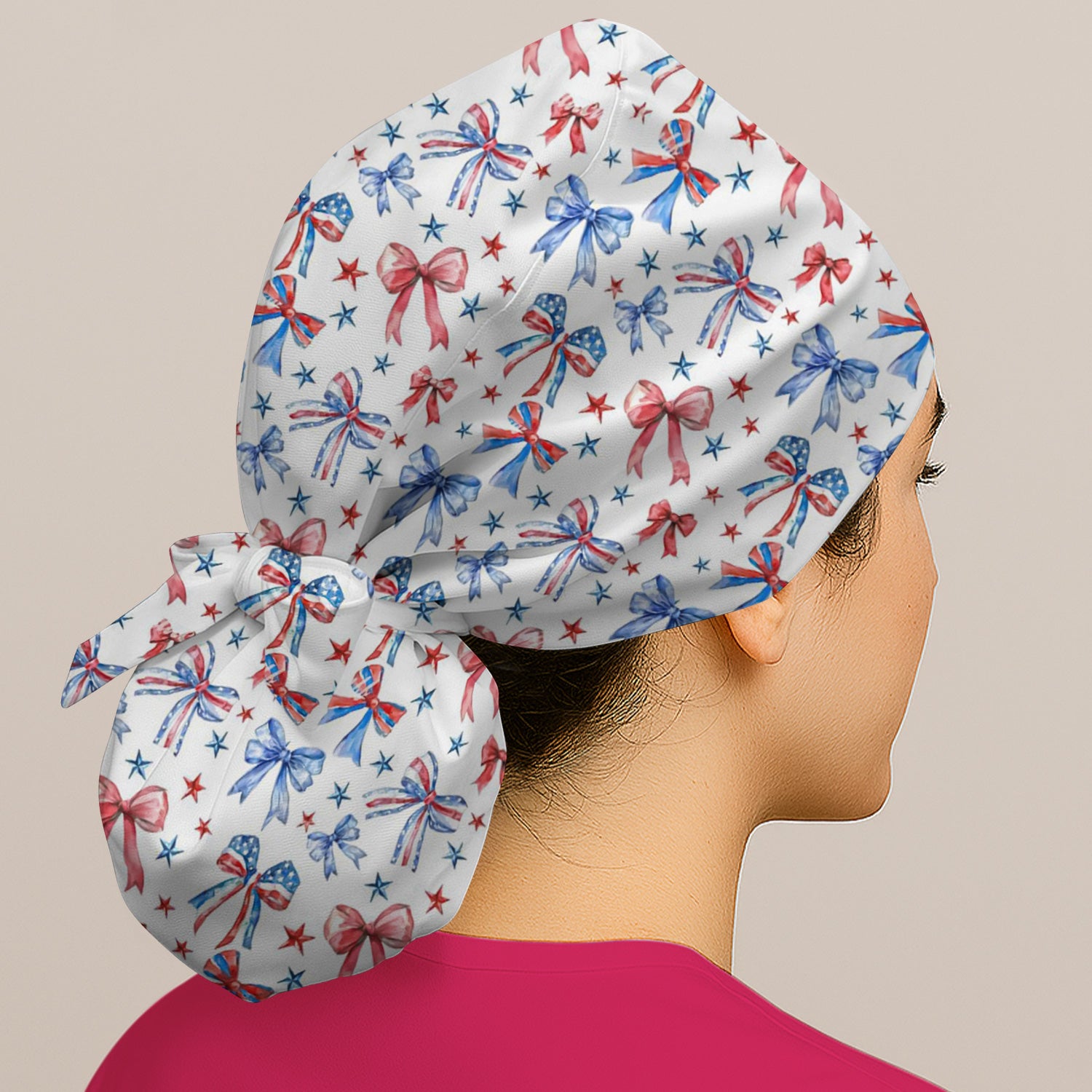 Festive Patriotic Ribbon Bow Star Pattern Nurse Scrub Cap, Surgical Caps for Doctors
