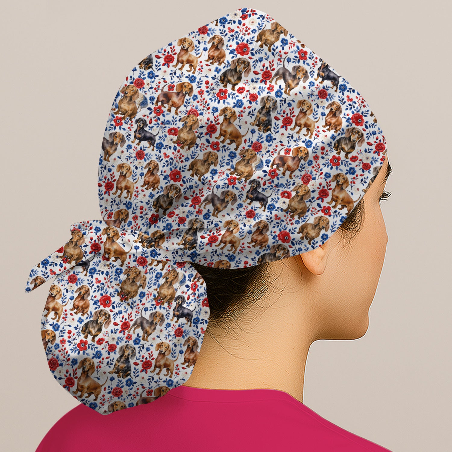 Floral Dachshund Nurse Pattern Scrub Cap, Surgical Caps for Doctors