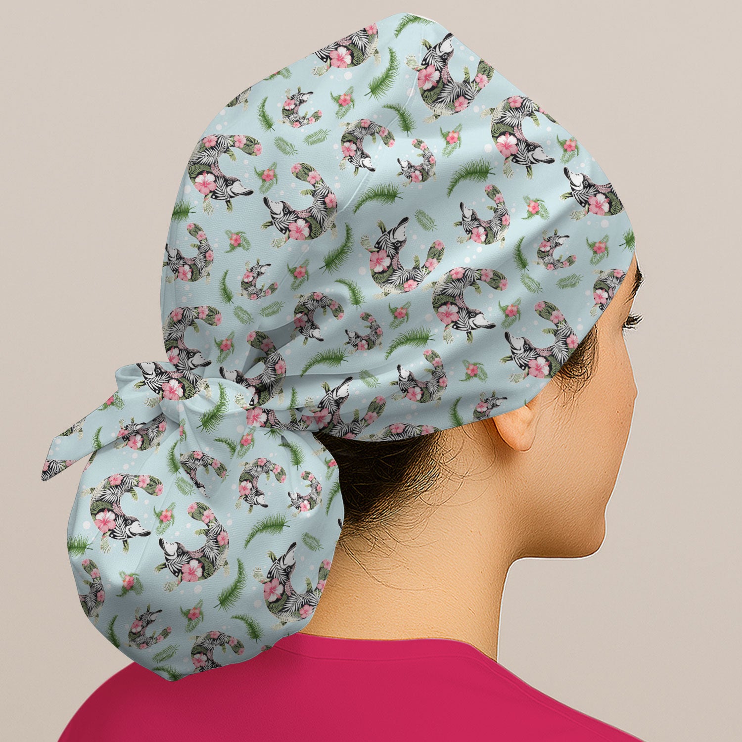 Cute Platypus Scrub Cap, Tropical Floral Animal Pattern Nurse Hat, Breathable Fabrics Nursing Uniform