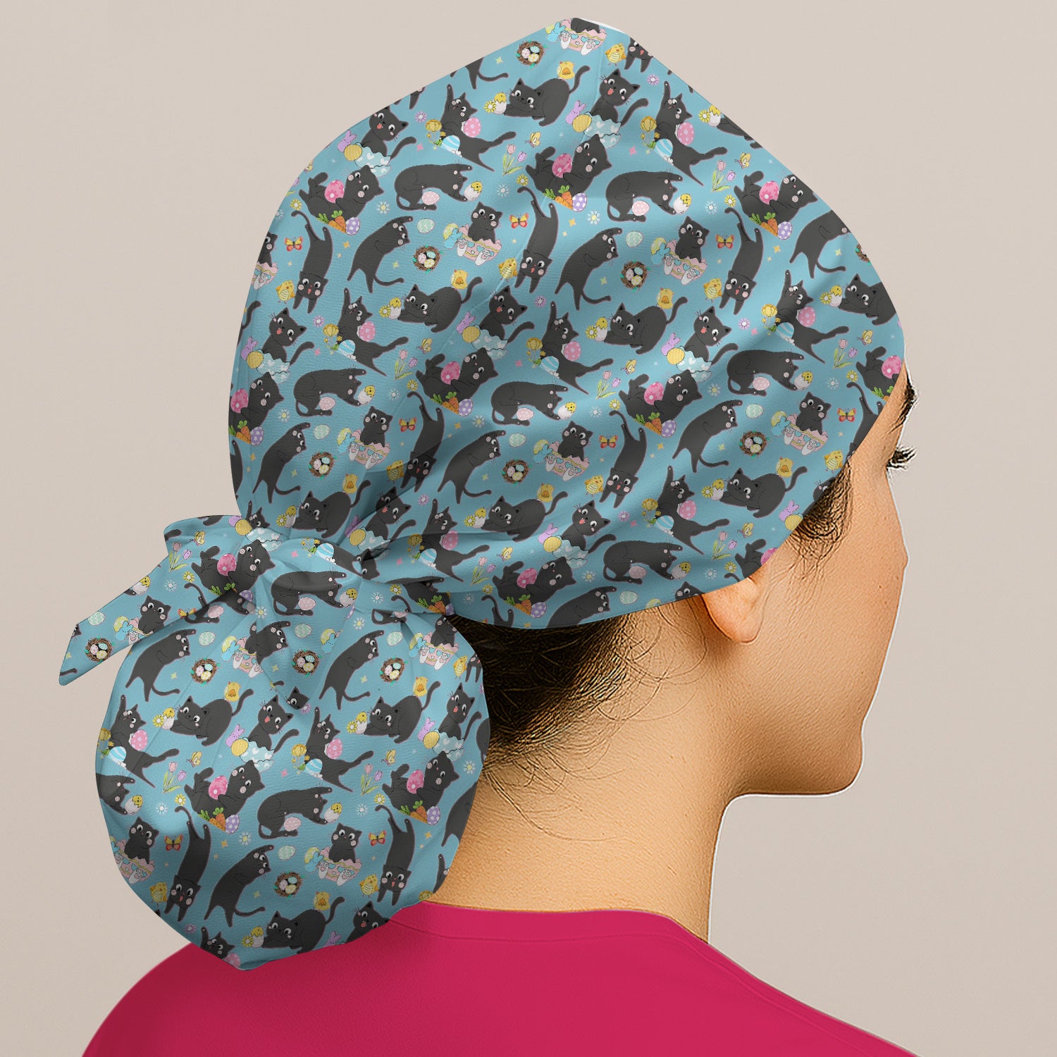 Playful Black Cat Easter Egg Pattern Cap, Bouffant Scrub Caps for Women