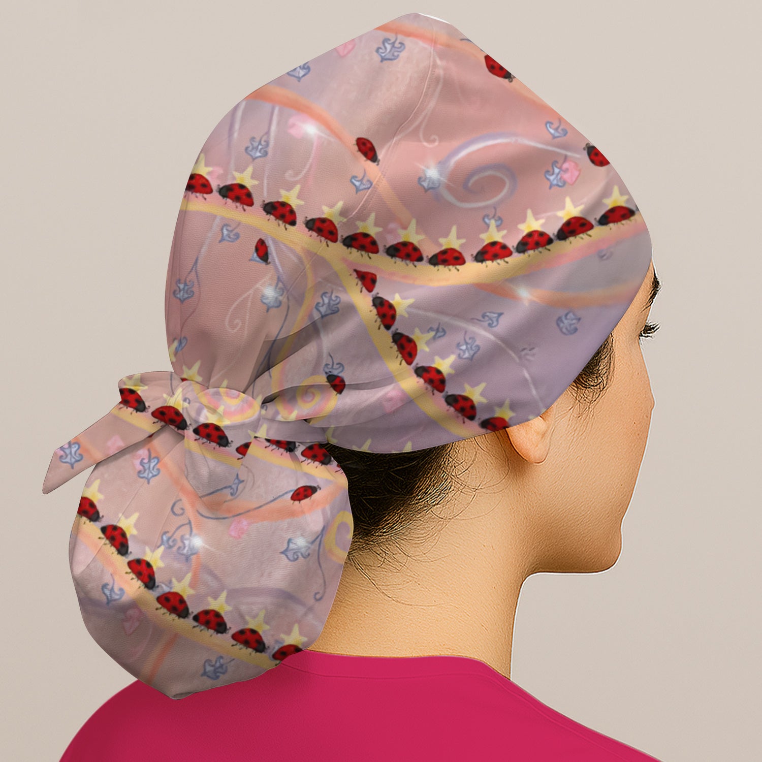 Cute Ladybug Star Vine Swirl Pattern Nurse Scrub Cap, Surgical Caps for Doctors