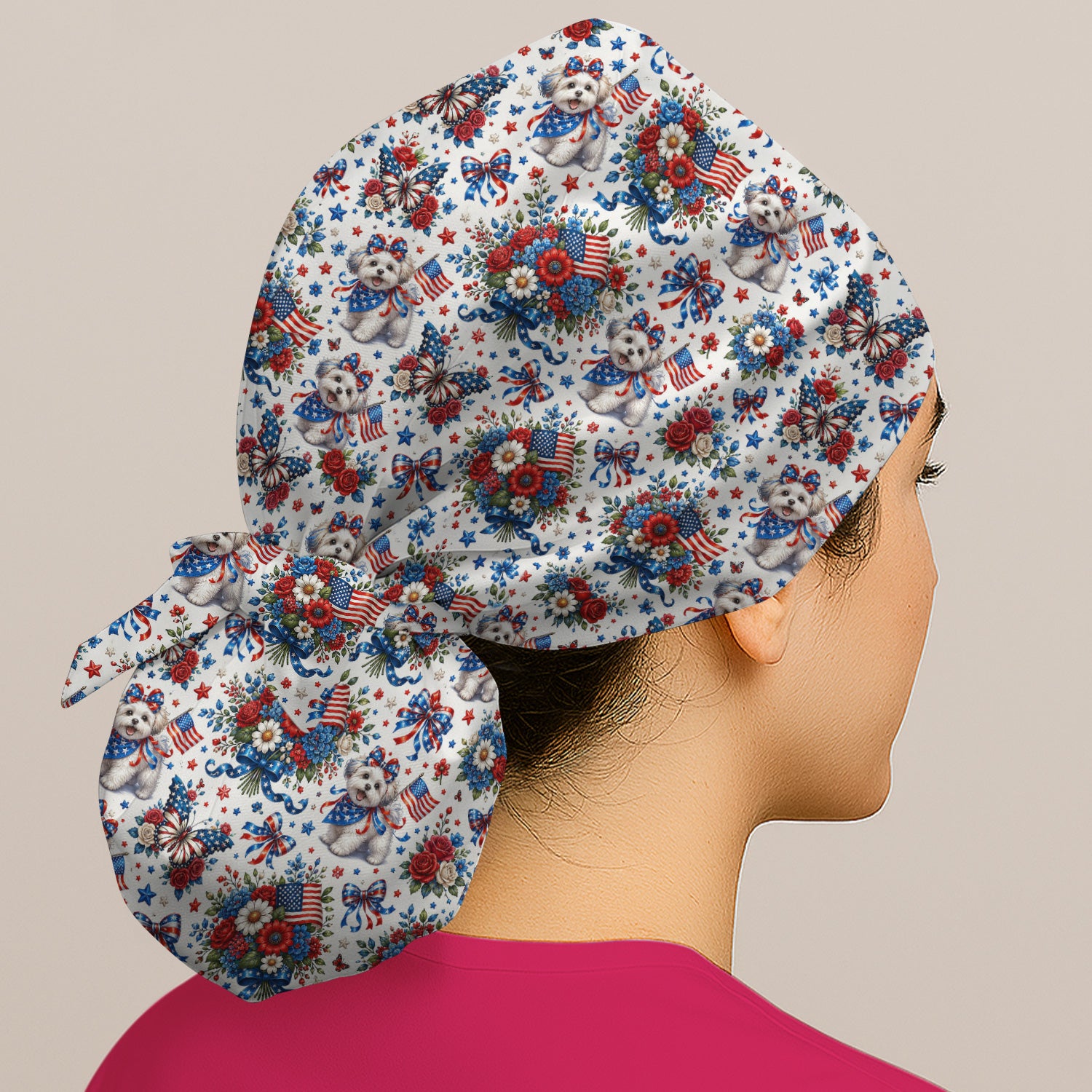 Patriotic Puppy Floral Bouquet Pattern Scrub Cap, Surgical Caps for Doctors