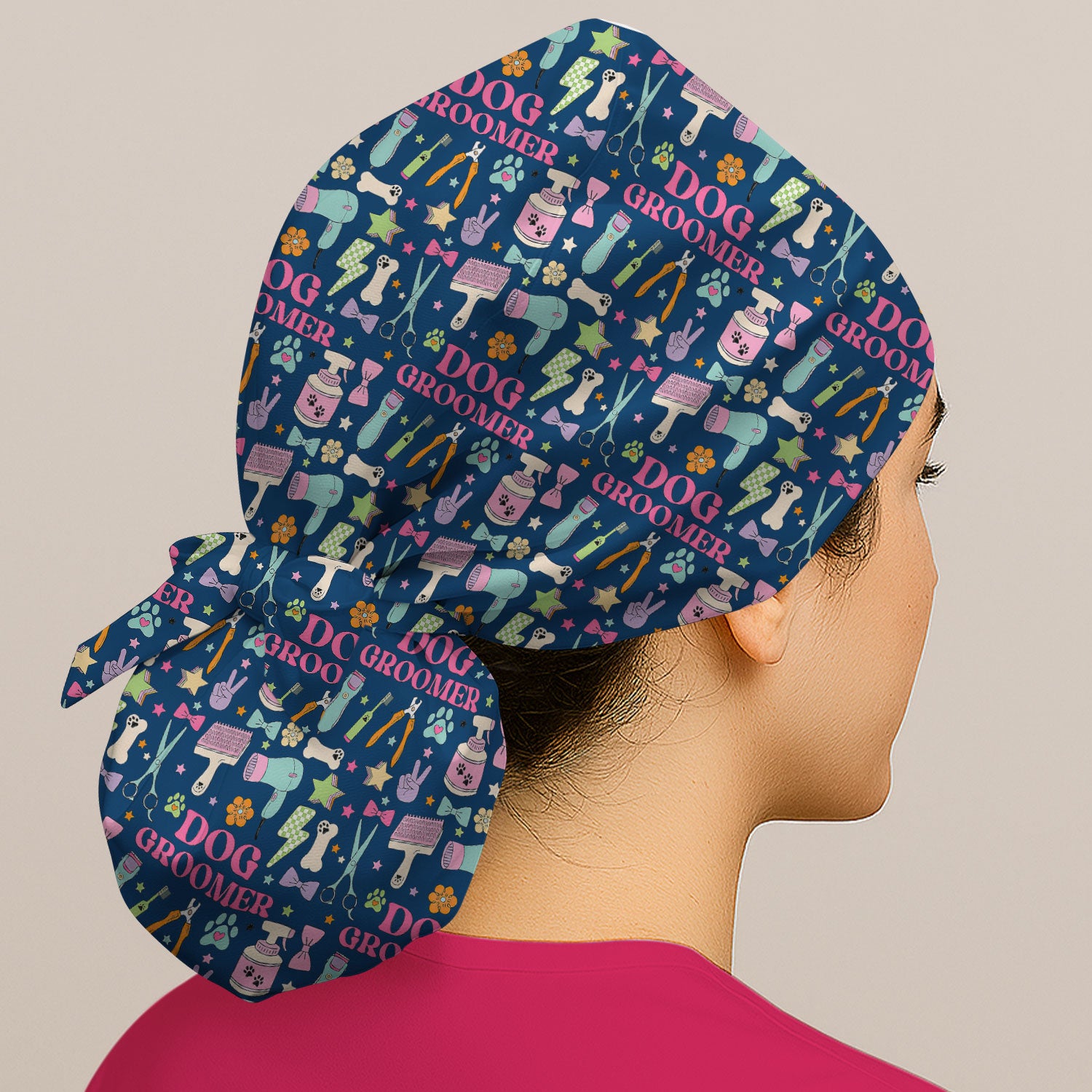 Dog Groomer Tools Pattern Scrub Cap, Bouffant Scrub Caps for Women