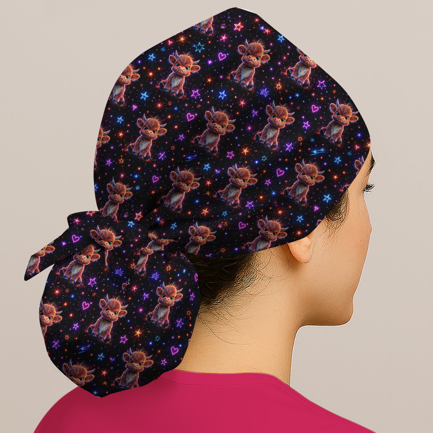 Neon Highland Cow Stars Pattern Scrub Cap, Surgical Caps for Doctors