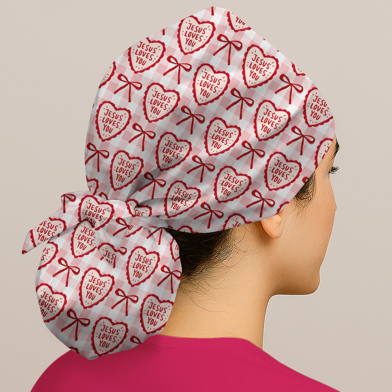 Jesus Loves You Heart Plaid Cap, Bouffant Scrub Caps for Women