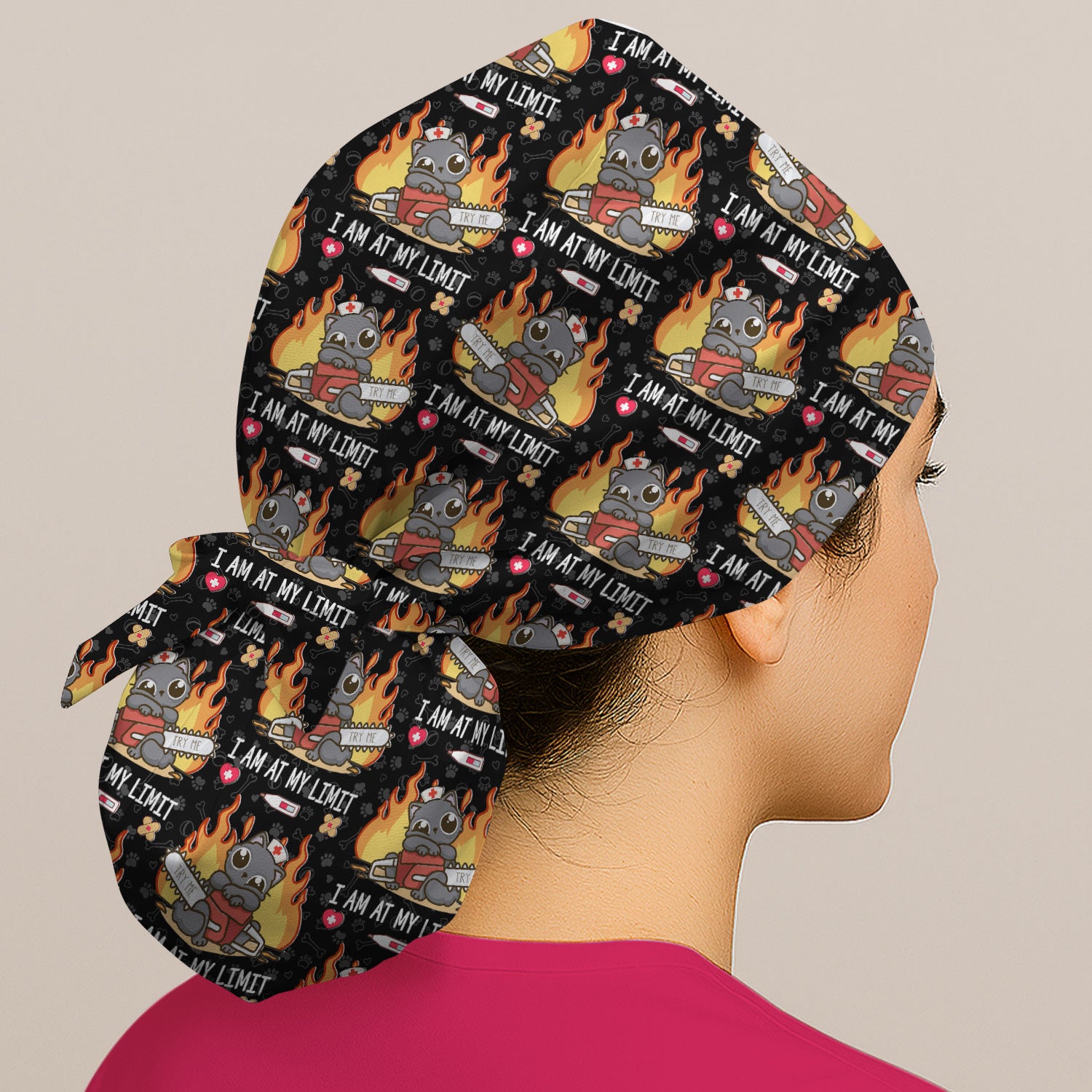 Funny Nurse Cat I Am At My Limit Cap, Bouffant Scrub Caps for Women