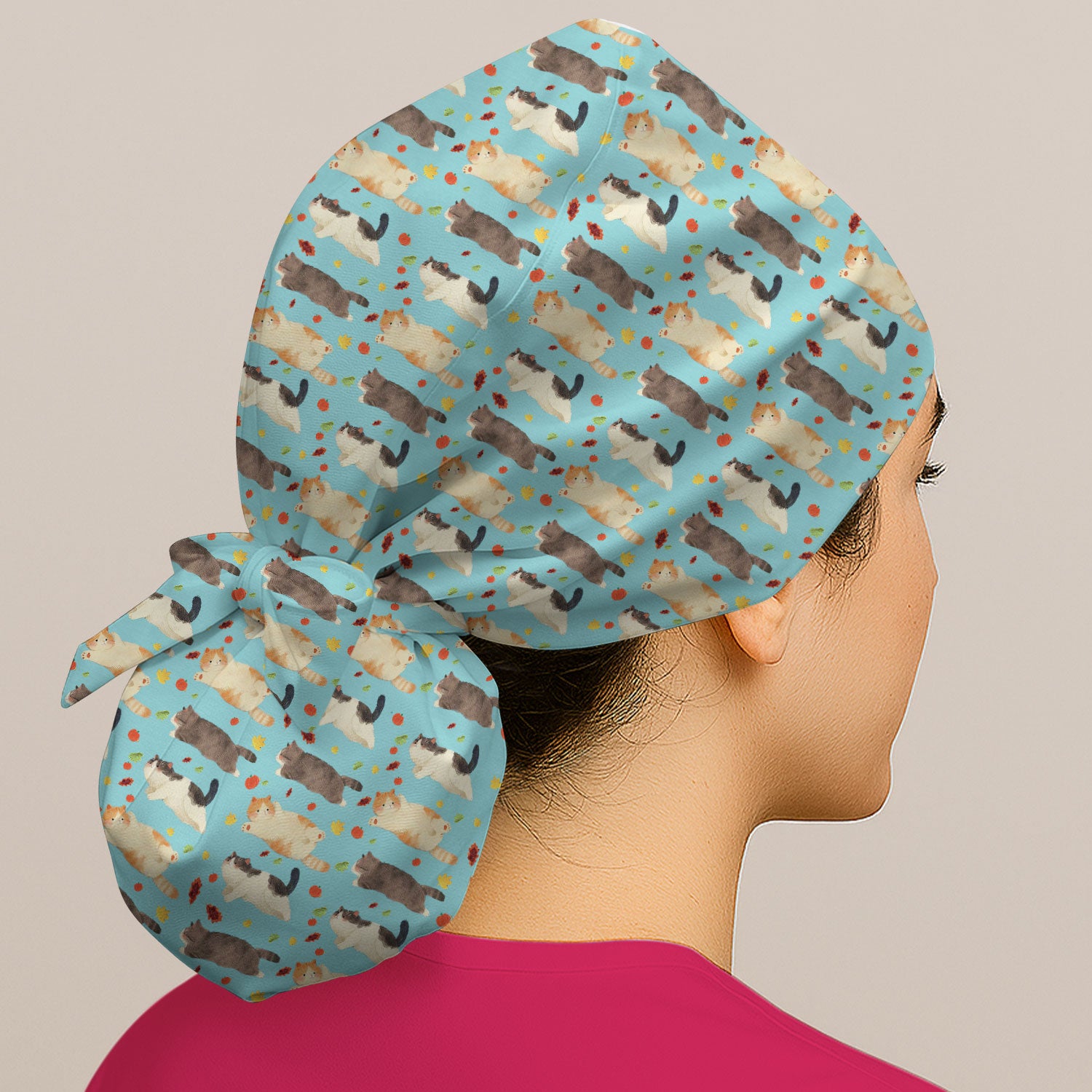 Chubby Cat Autumn Leaves Print Surgical Cap, Breathable Fabrics Caps Uniform