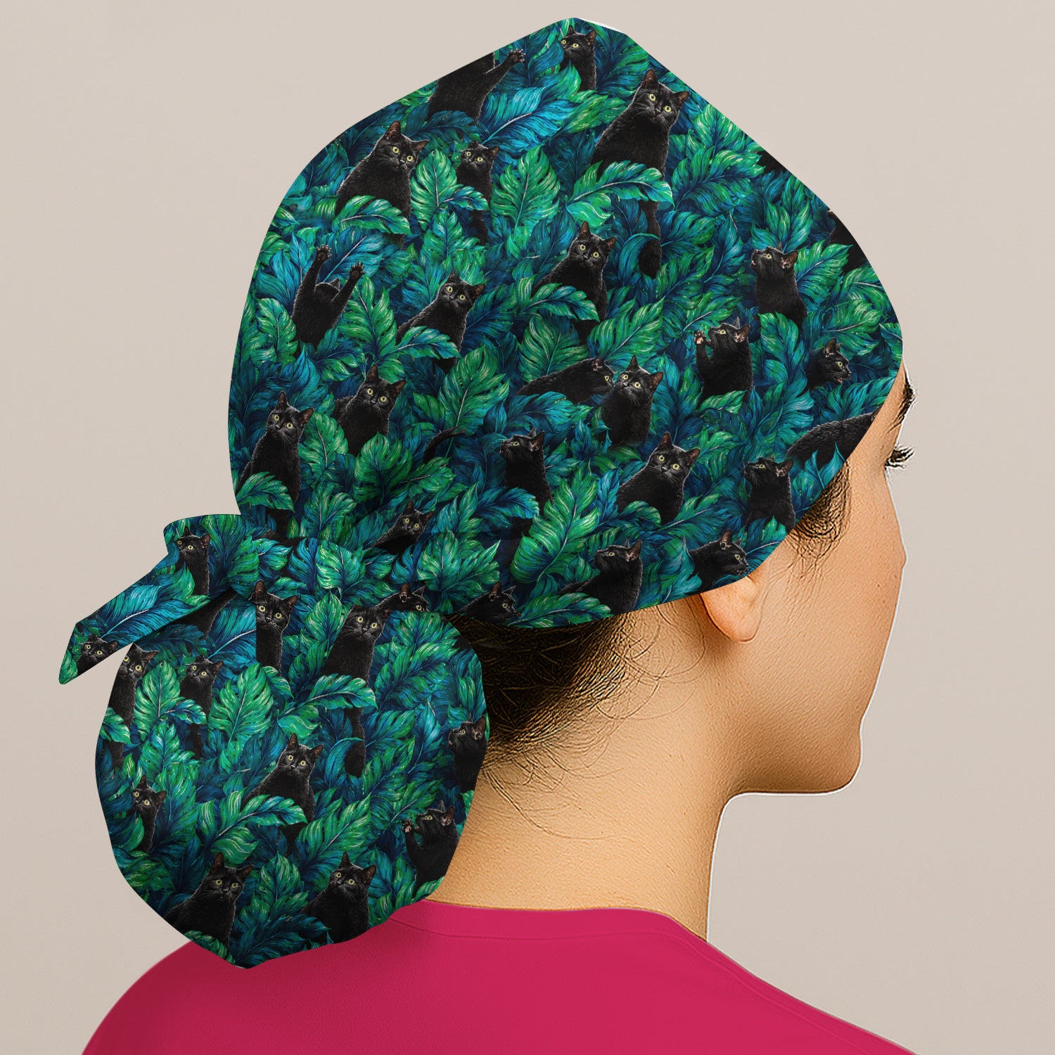 Black Cat Tropical Jungle Leaves Pattern Scrub Cap, Surgical Caps for Doctors