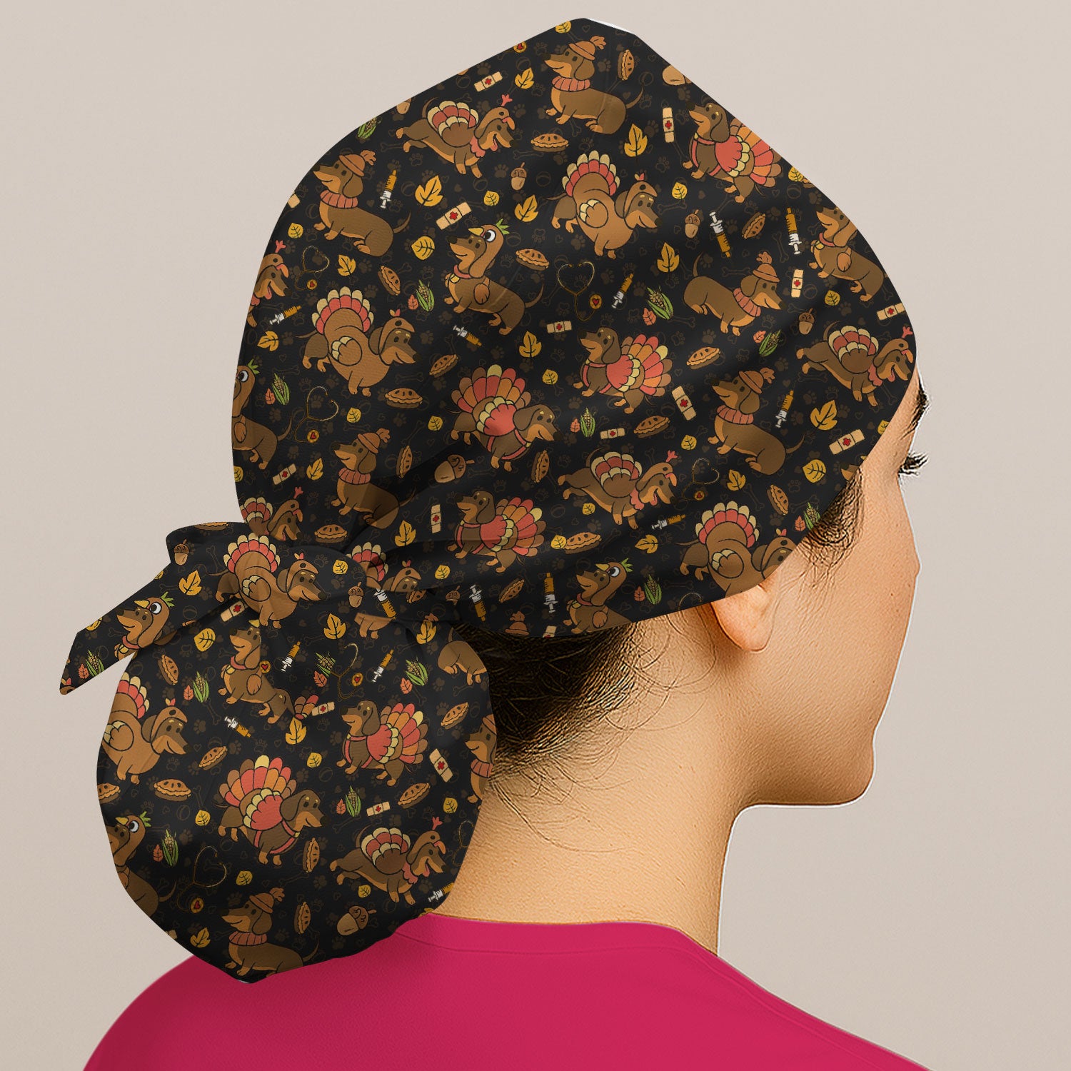 Thanksgiving Wiener Dog Bouffant Scrub Caps for Women - Funny Dachshund Turkey Holiday Nursing Gift - Breathable Fabrics Caps