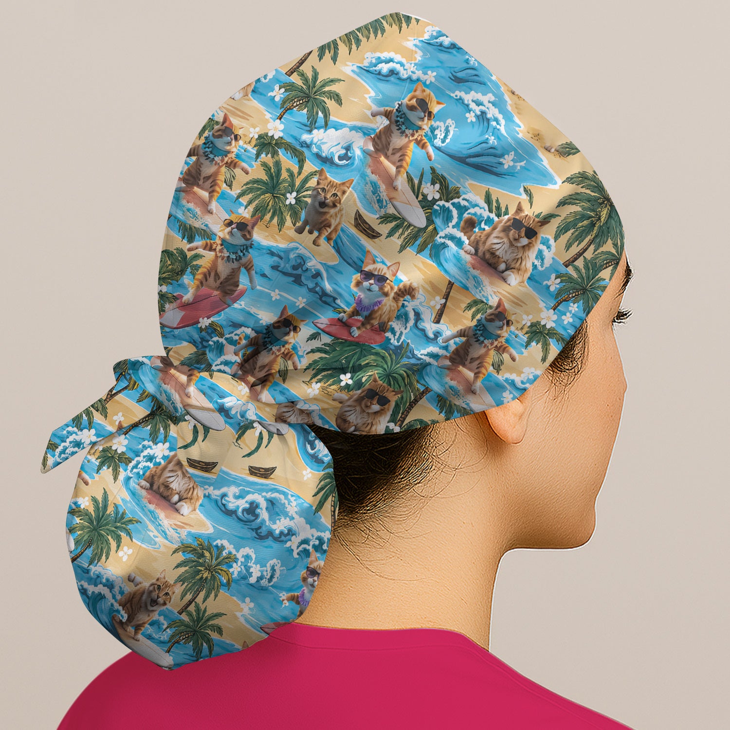 Tropical Surfing Cat with Beach Wave Island Print Scrub Cap, Surgical Caps for Doctors
