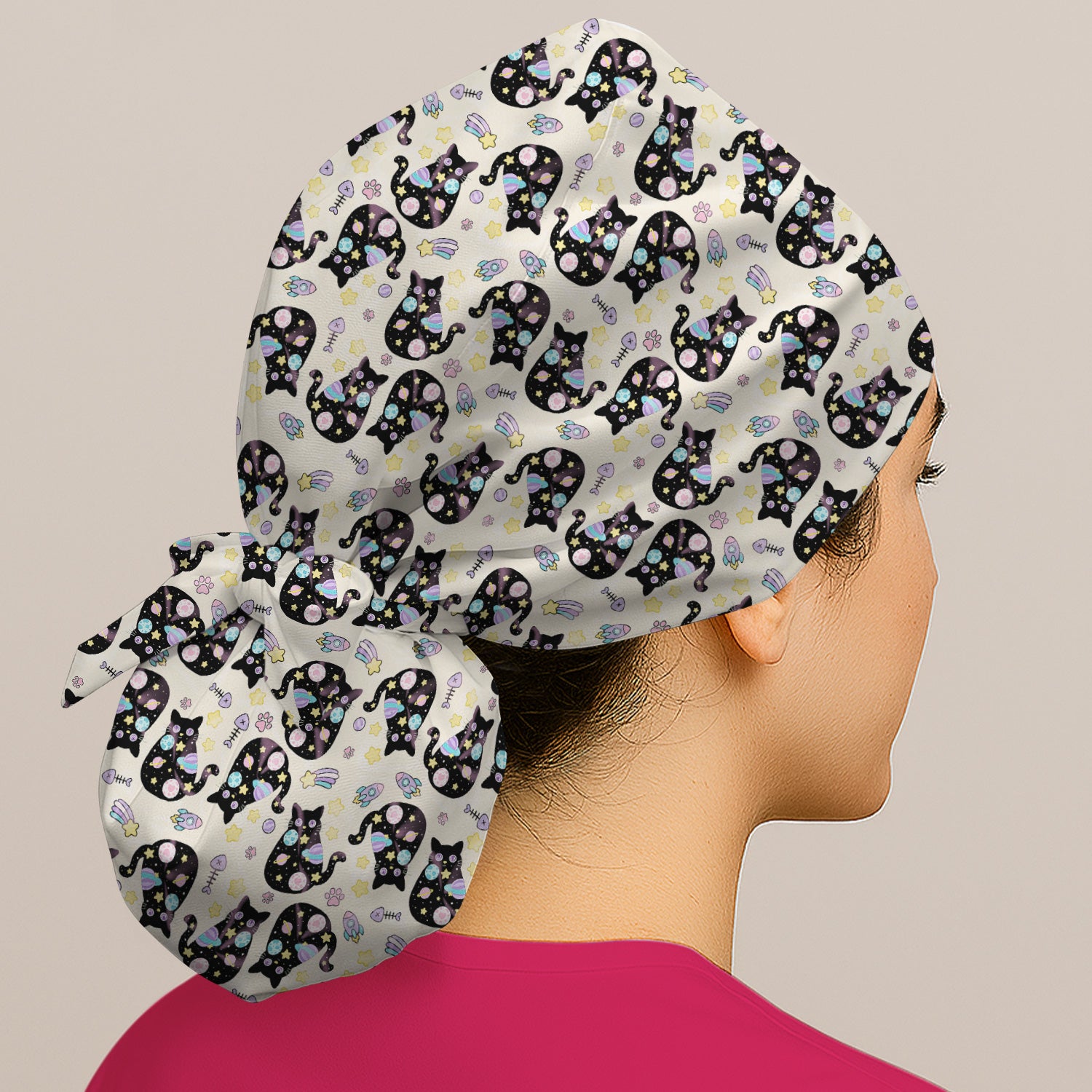 Galaxy Black Cat Space Pattern Scrub Cap, Surgical Caps for Doctors
