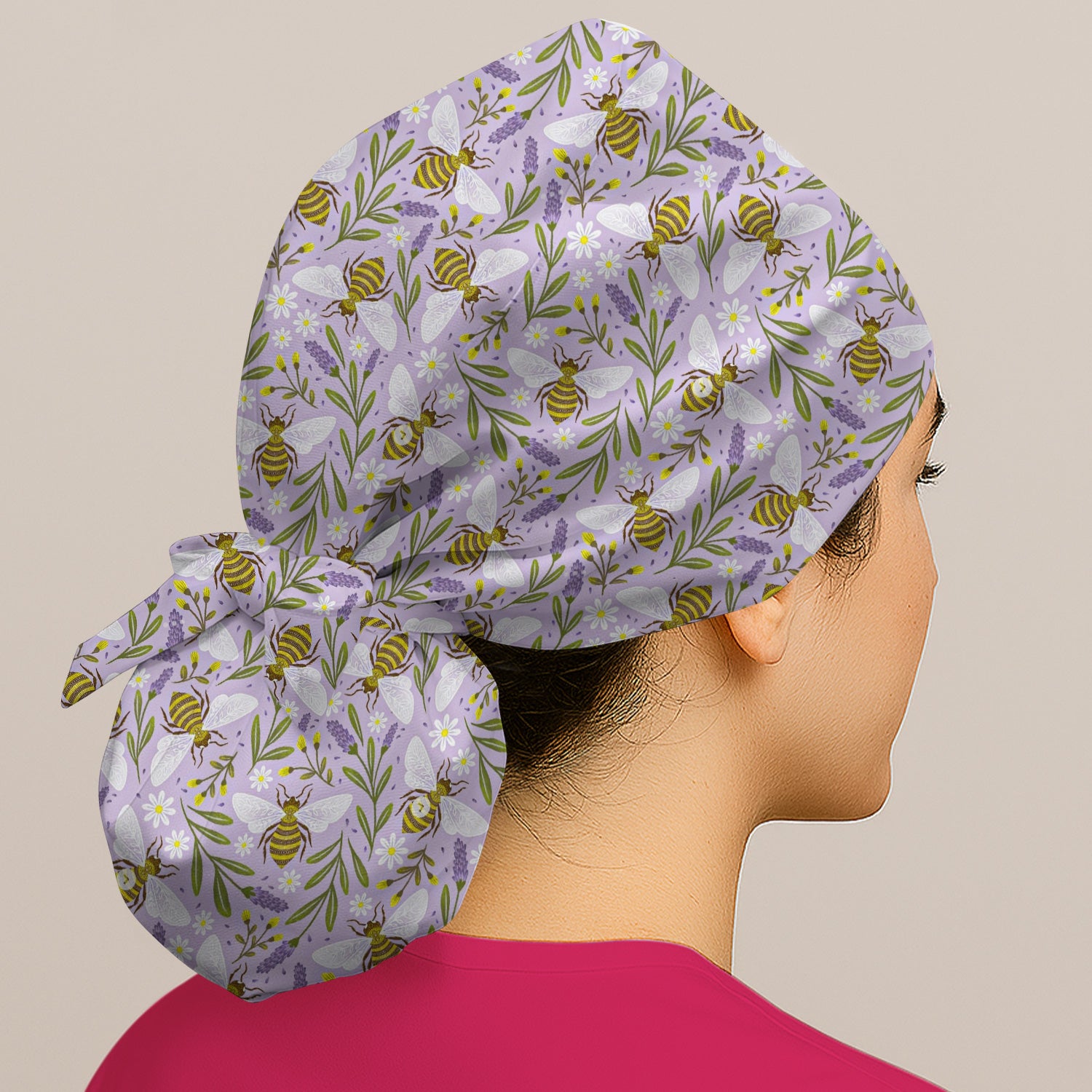 Cute Lavender Bee Floral Pattern Scrub Cap, Bouffant Scrub Caps for Women