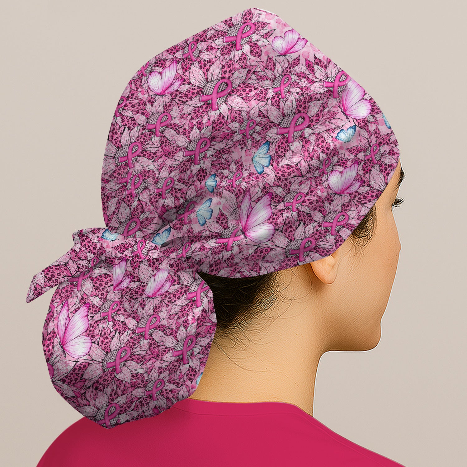 Pink Ribbon Butterfly Breast Cancer Scrub Cap, Surgical Caps for Doctors