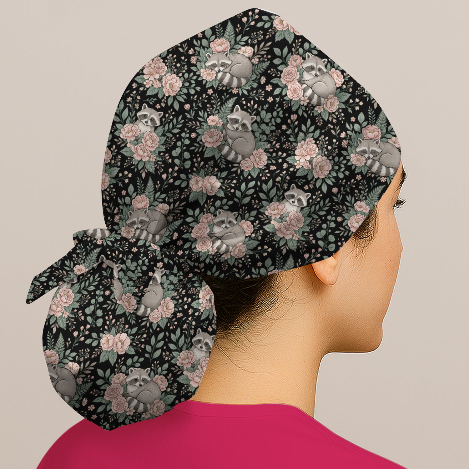 Sleeping Raccoon Rose Garden Pattern Cap, Bouffant Scrub Caps for Women